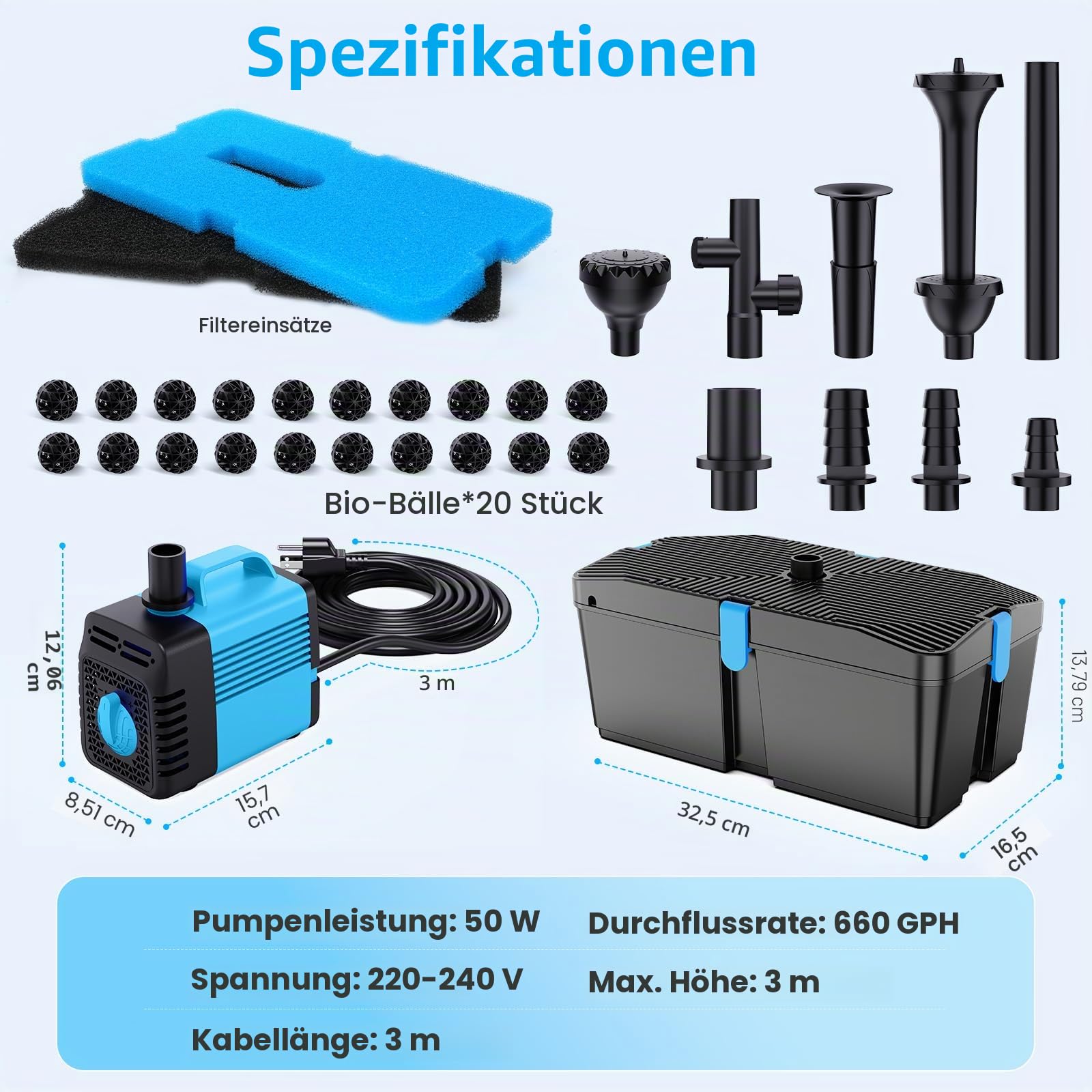 Teichpumpe mit Filter und Springbrunnen Set, 50W 2500L/H Teichpumpe und Filter-Kit, Teichfilter für Außenteiche, sauberer Koi-Teichfilter