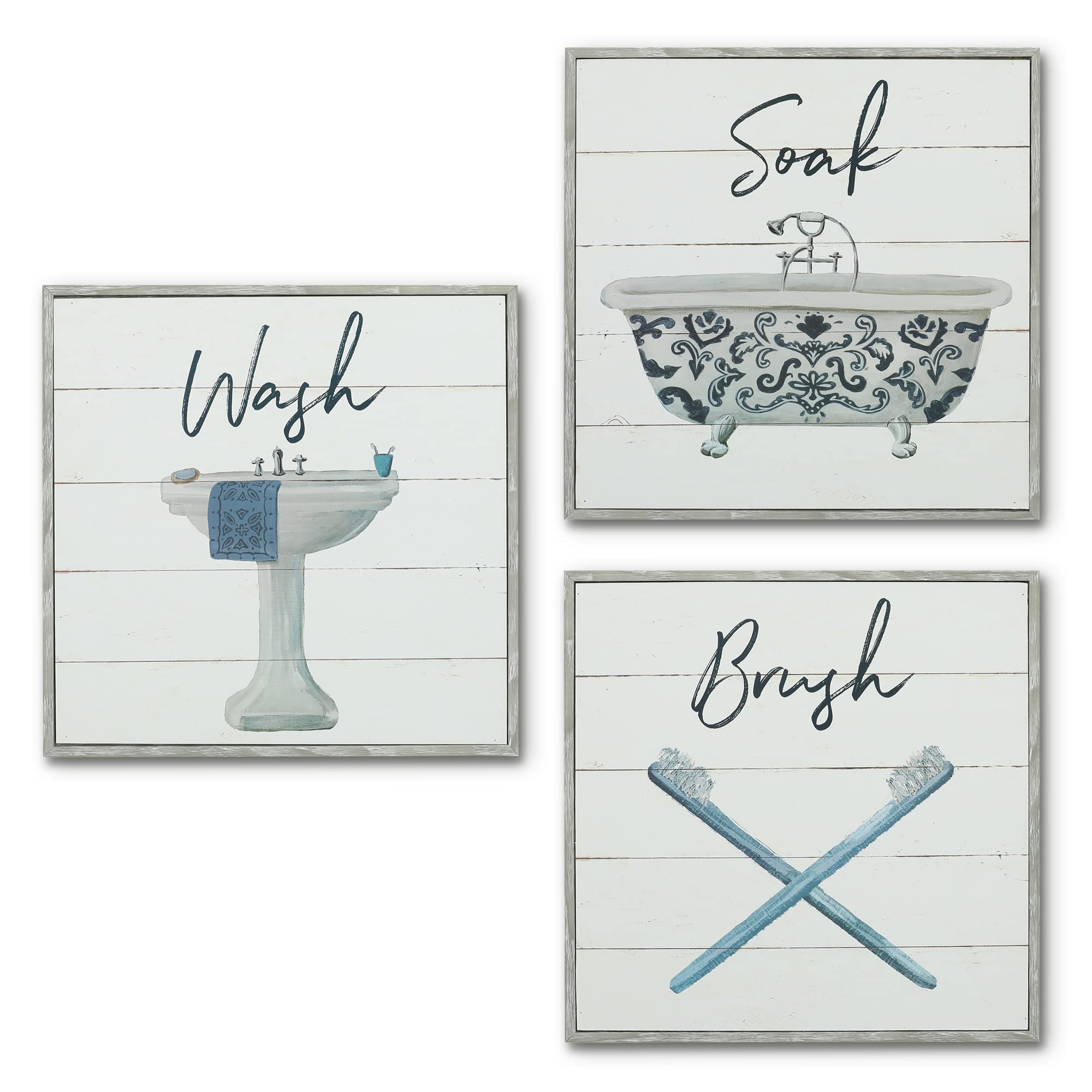 Americanflat Bathroom Signs 3PK - Wash, Soak, Brush - Three 10" Bathroom Signs for Wall Decor