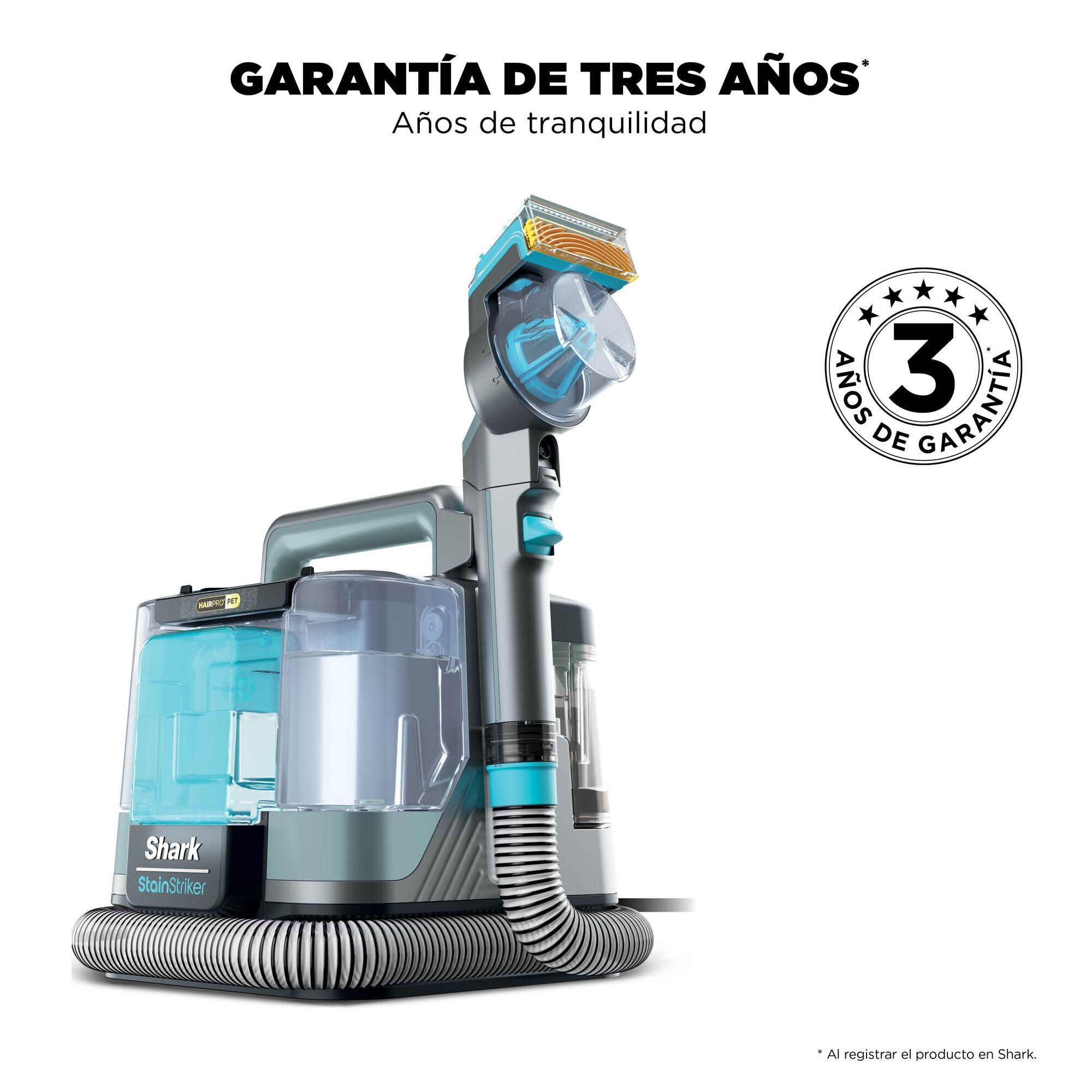 Shark StainStriker HairPro Pet Limpiador Portátil para Manchas y Pelo de Mascota - Succión de 450 W y Herramienta Extractora de Pelo - Incluye 4 Accesorios y 2 Soluciones de Limpieza - Gris, PX250EUCP