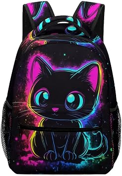 Black Cat Backpack for Girls Teens, Cute Kitty Cat Bookbag, Funny Kitten School Bag for Kids, Travel Laptop Elementary Middle School Backpack, 16.5, Pink Black