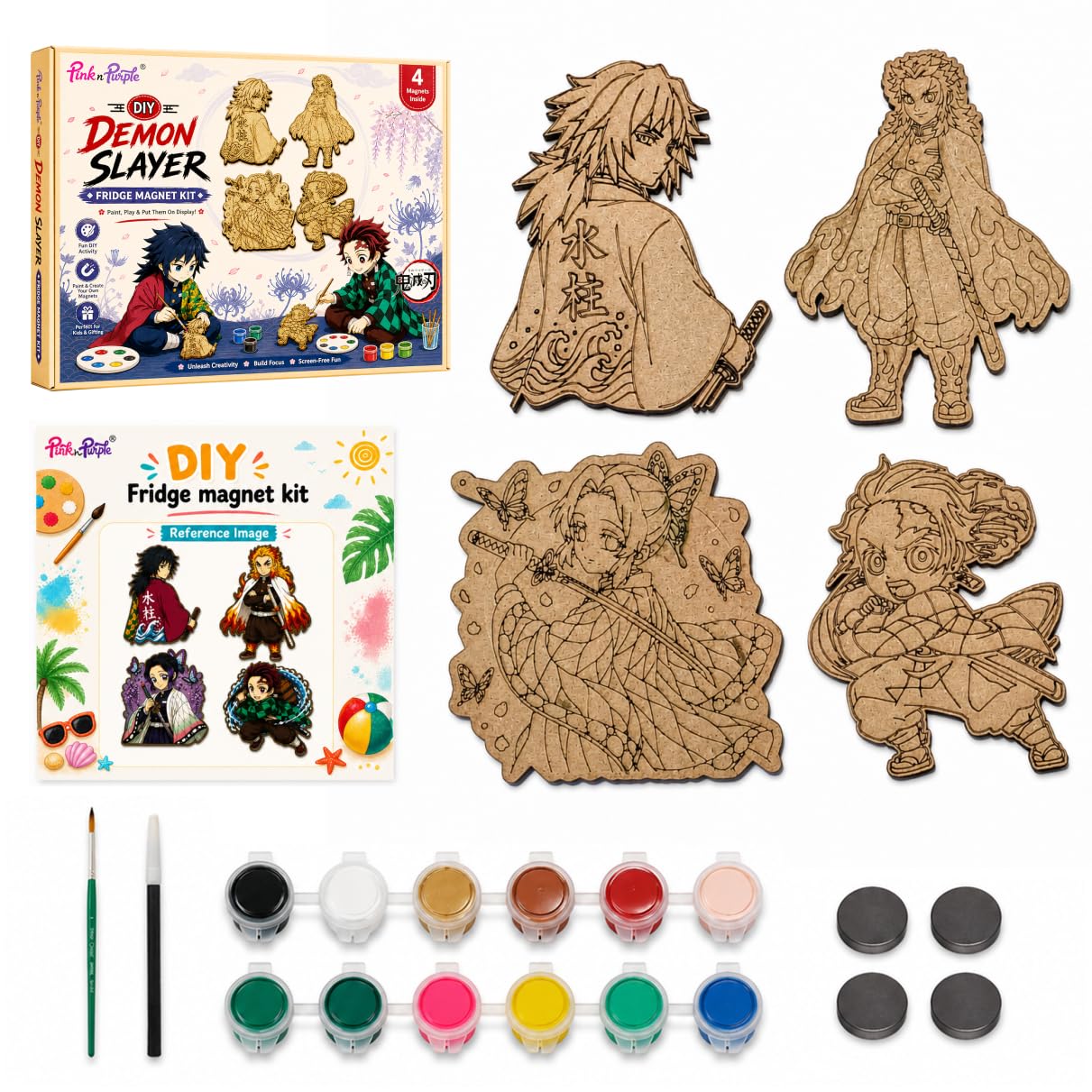 Pink n Purple® DIY Fridge Magnet Kit for Kids | Demon Slayer | Set of 4 MDF Cutouts | Paint Your Own Activity Kit (Vol. 5)-image-22