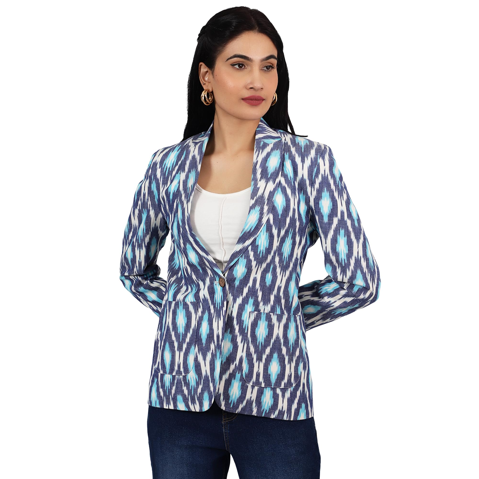 indophilia Womens Ikat Blue Cotton Blazer-picture-55