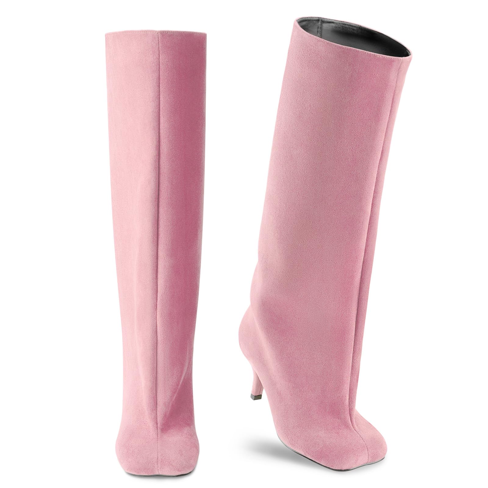 Oh Mispares Womens Nude Suede Knee High Boots - Square Toe Wide Calf Stiletto Low Heels - Fashionable