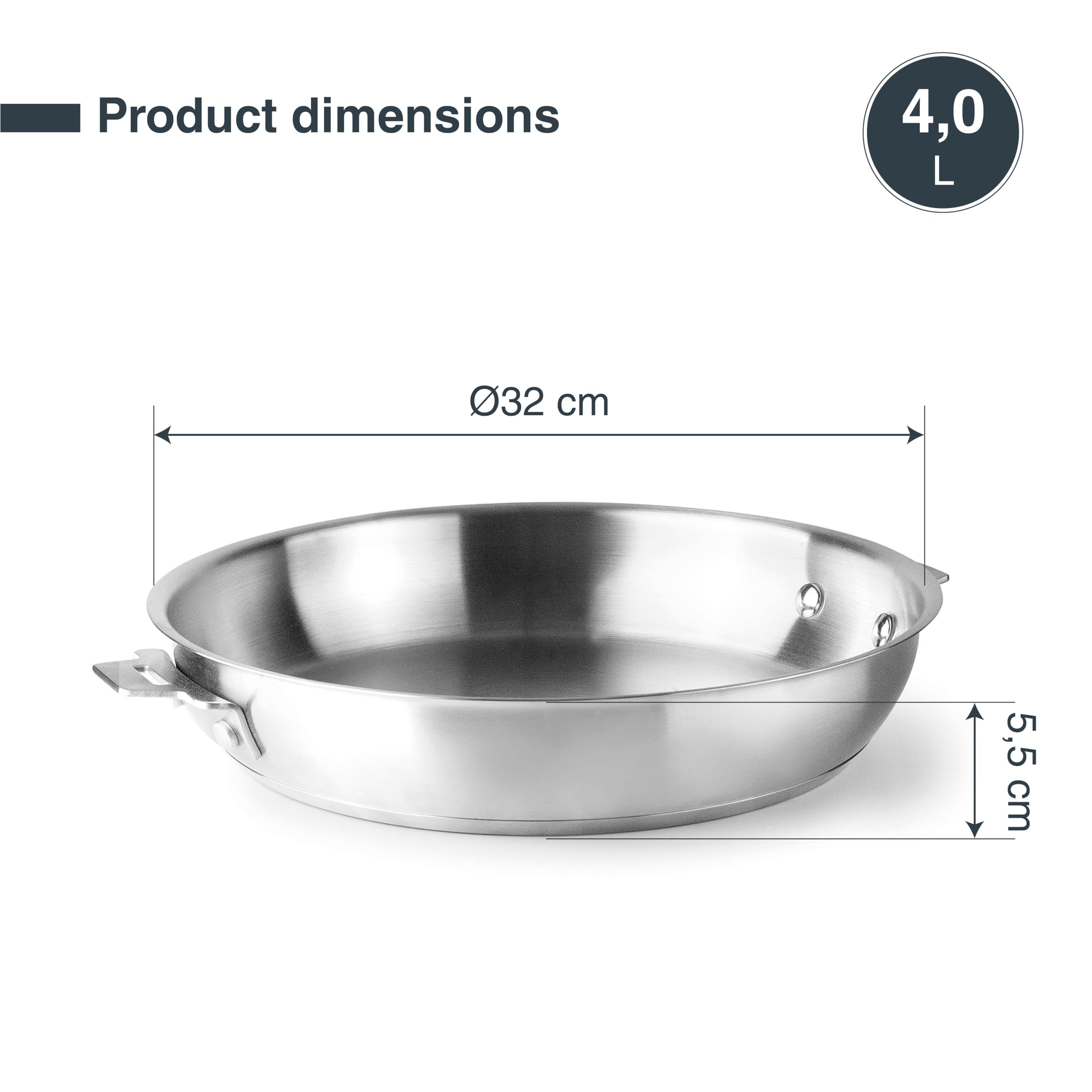 LACOR - 56732 - Corpo Padella Combi, Acciaio Inox 18/10, Finitura Interna, Fondo Diffusore Sandwich, 4 Litri, Impilabile, Adatto A Induzione, Forno, Lavabile in Lavastoviglie, ø32cm
