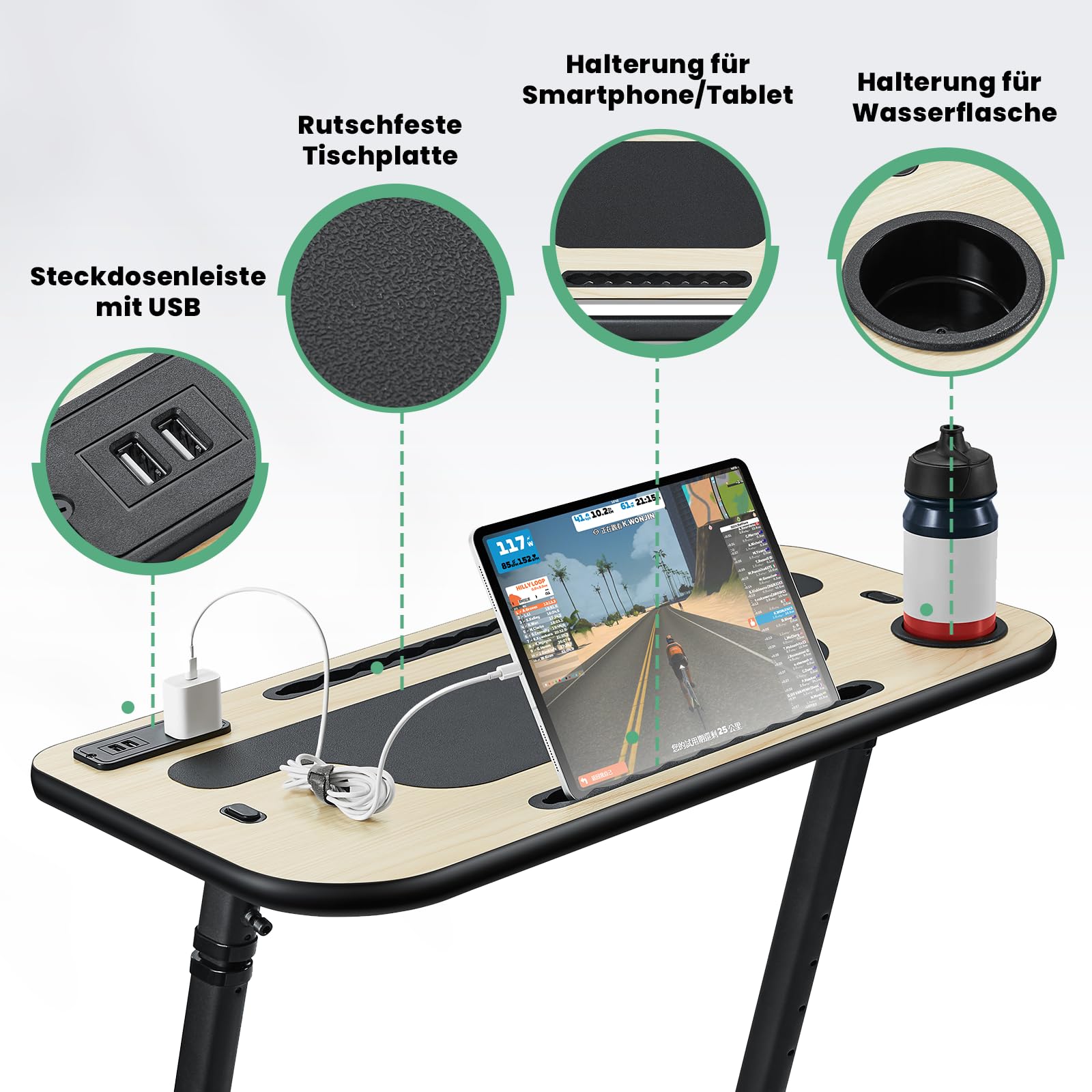 RideNow Rollentrainer Tisch, Verstellbarer Fahrradtisch mit Rollen | Laufbandtisch, Rutschfester Holz-Arbeitsfläche mit Steckdosen, Steckplatz für Tablet oder Telefon, Getränkehalter