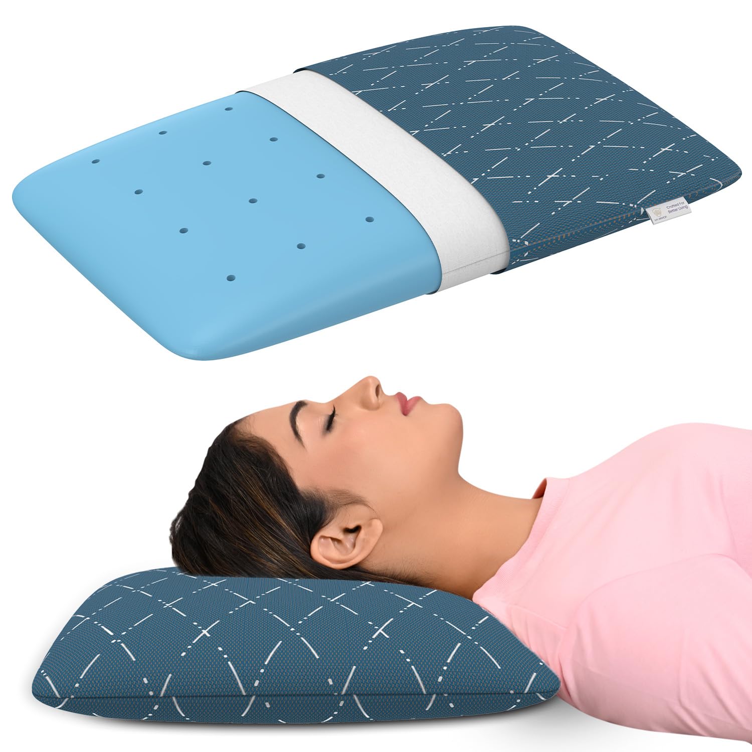MY ARMOR Cool Gel Memory Foam Pillow for Neck Pain & Shoulder Pain, Orthopedic Pillow for Sleeping, Thin Size - 24.5x15.5x4 Inches, Blue Checks Cover, Pack of 1