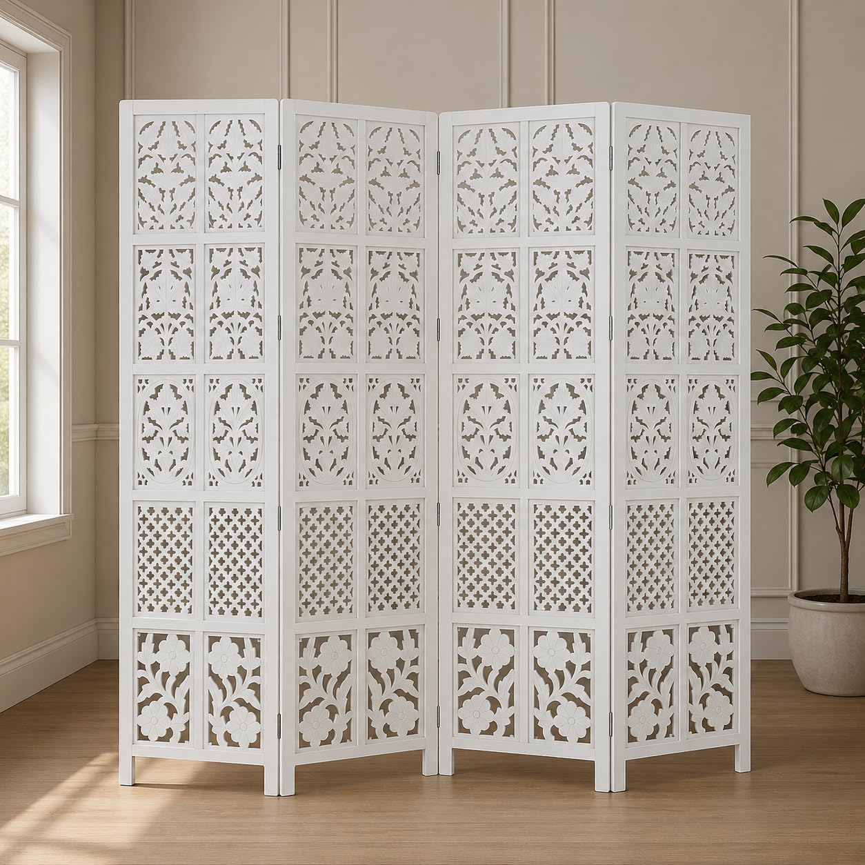 Wooden Room Divider Partition - Foldable Wood Screen Separator for Living Room, Bedroom, Office, Restaurant || Mixed Design (4 Panel - White)-picture-13