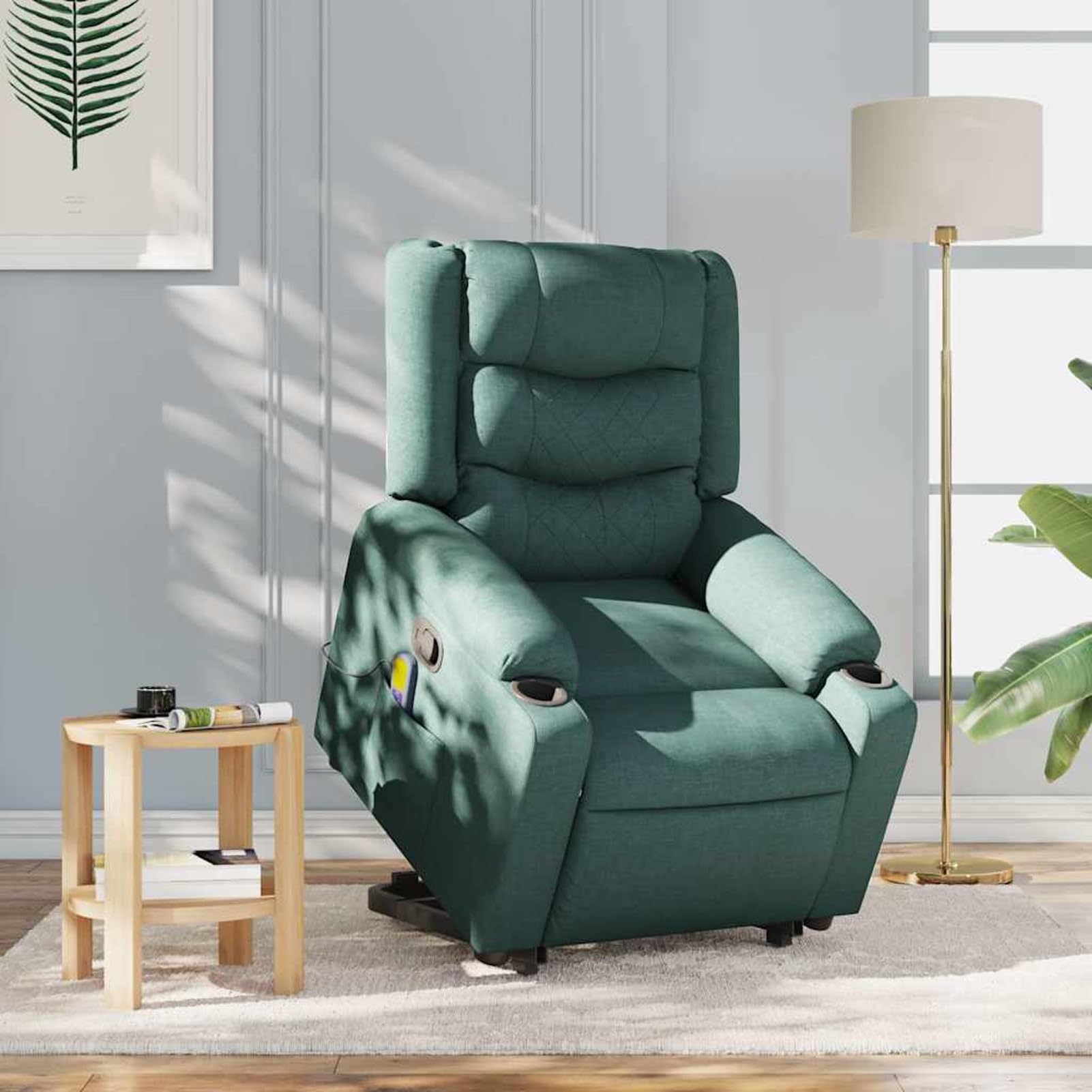 Homgoday Poltrona Massaggiante Alzapersona Manuale Verde Scuro Tessuto 77x93x99 cm 6 Punti Massaggio