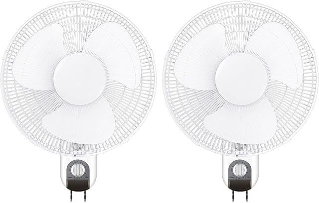 HealSmart Digital Household Wall Mount Fans 16 Inch Adjustable Tilt, 90 Degree, 3 Speed Settings, 2 Pack, White