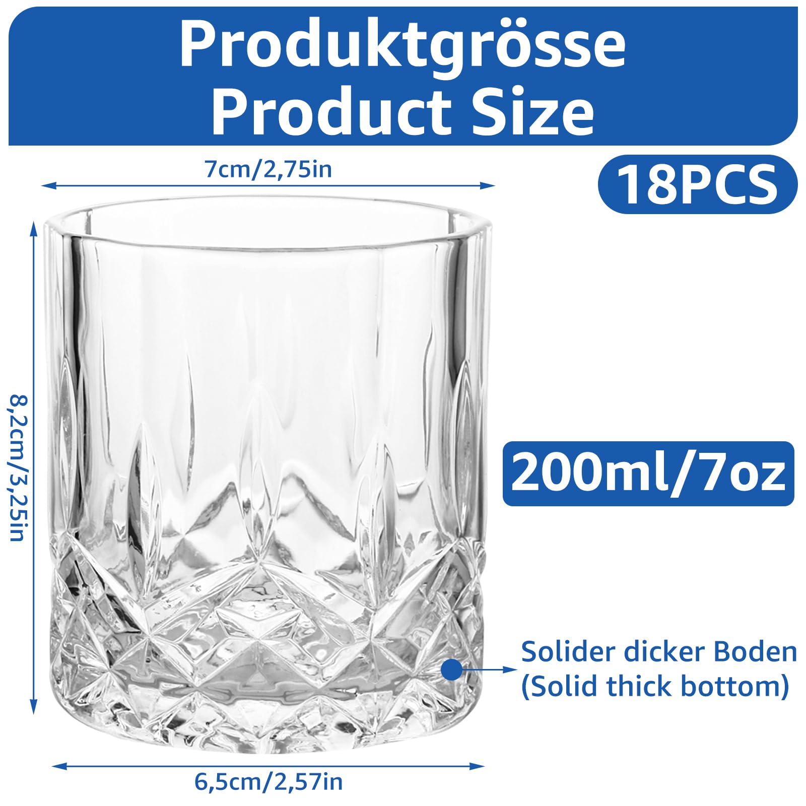 18 Stück Whisky Gläser, Whiskey Gläser 200ml, Kristallgläser mit Relieff, Tumbler Glas, Wiskeygläser- set, Whisky Glas Whyskigläserset Whiskey Glaser für Scotch, Bourbon, Cognac, Wodka und Likör