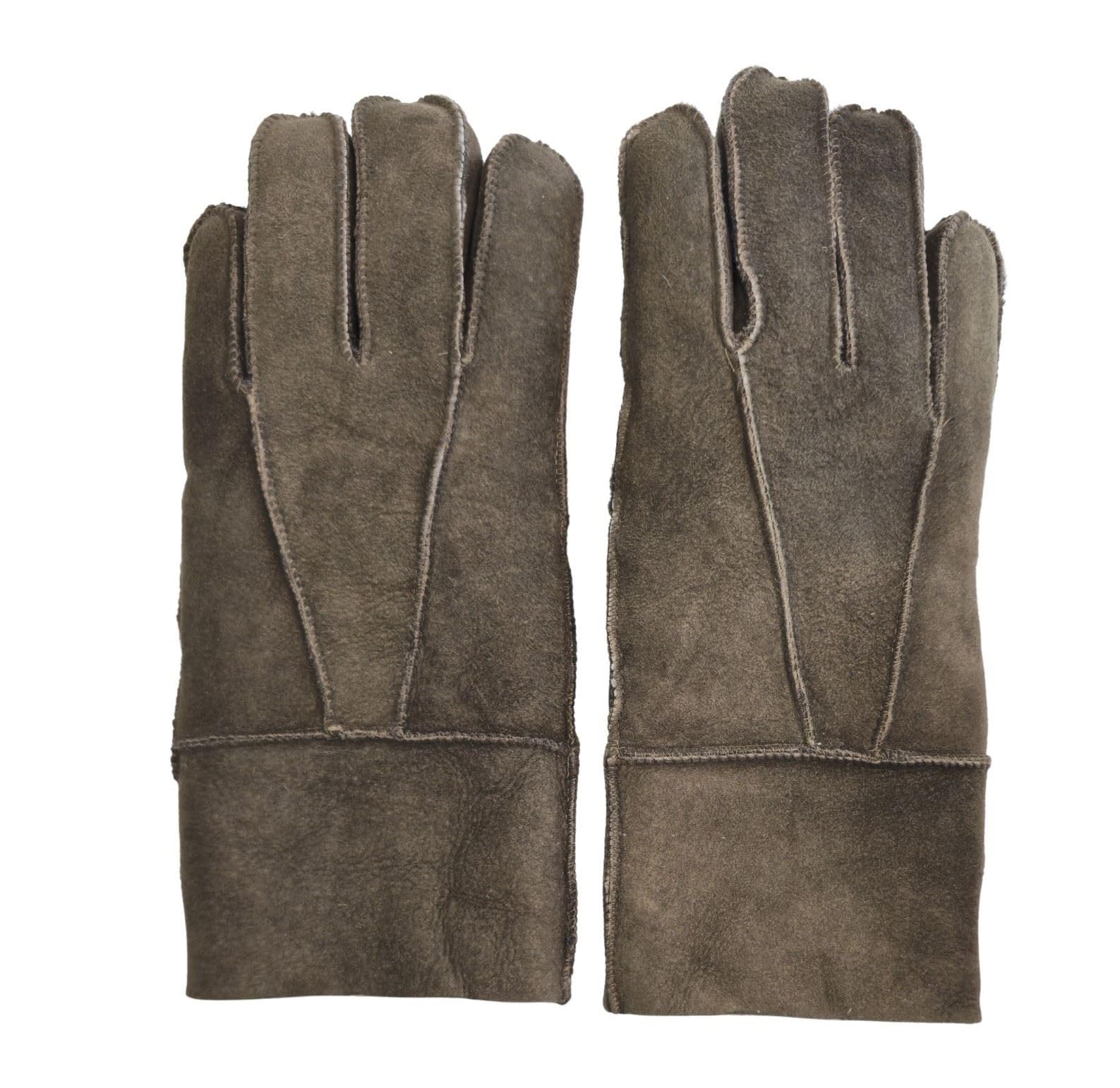 Truclothing Men's Brown Unisex Genuine Sheepskin Suede Leather Gloves Winter Warm Shearling Wool Lined Thermal Handwear - L