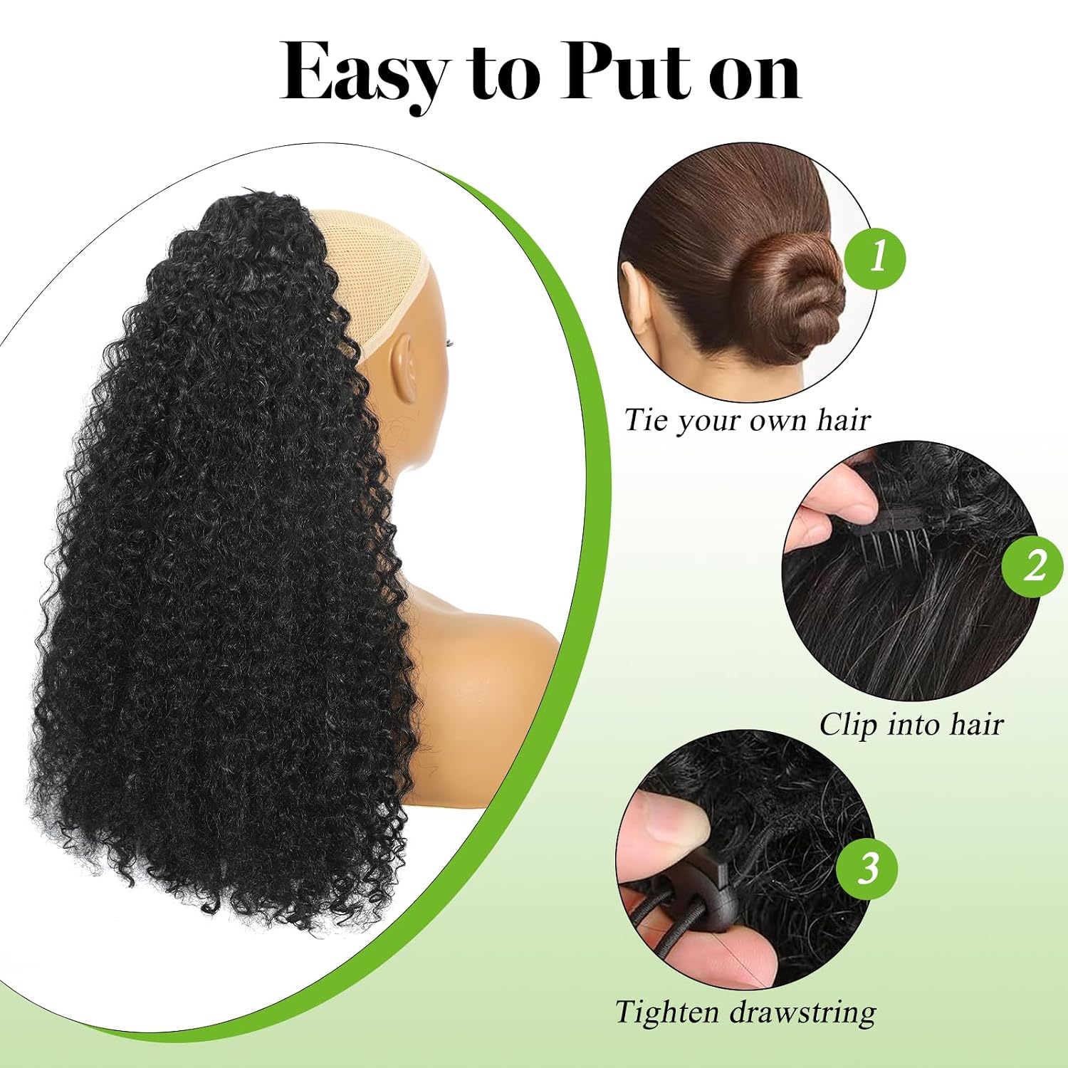 Drawstring Ponytail Extension for Women Afro Kinky Curly Synthetic 24 Inch Long Natural Black Pony Tails Hair Pieces for Quick Secure Hairstyle Daily Use