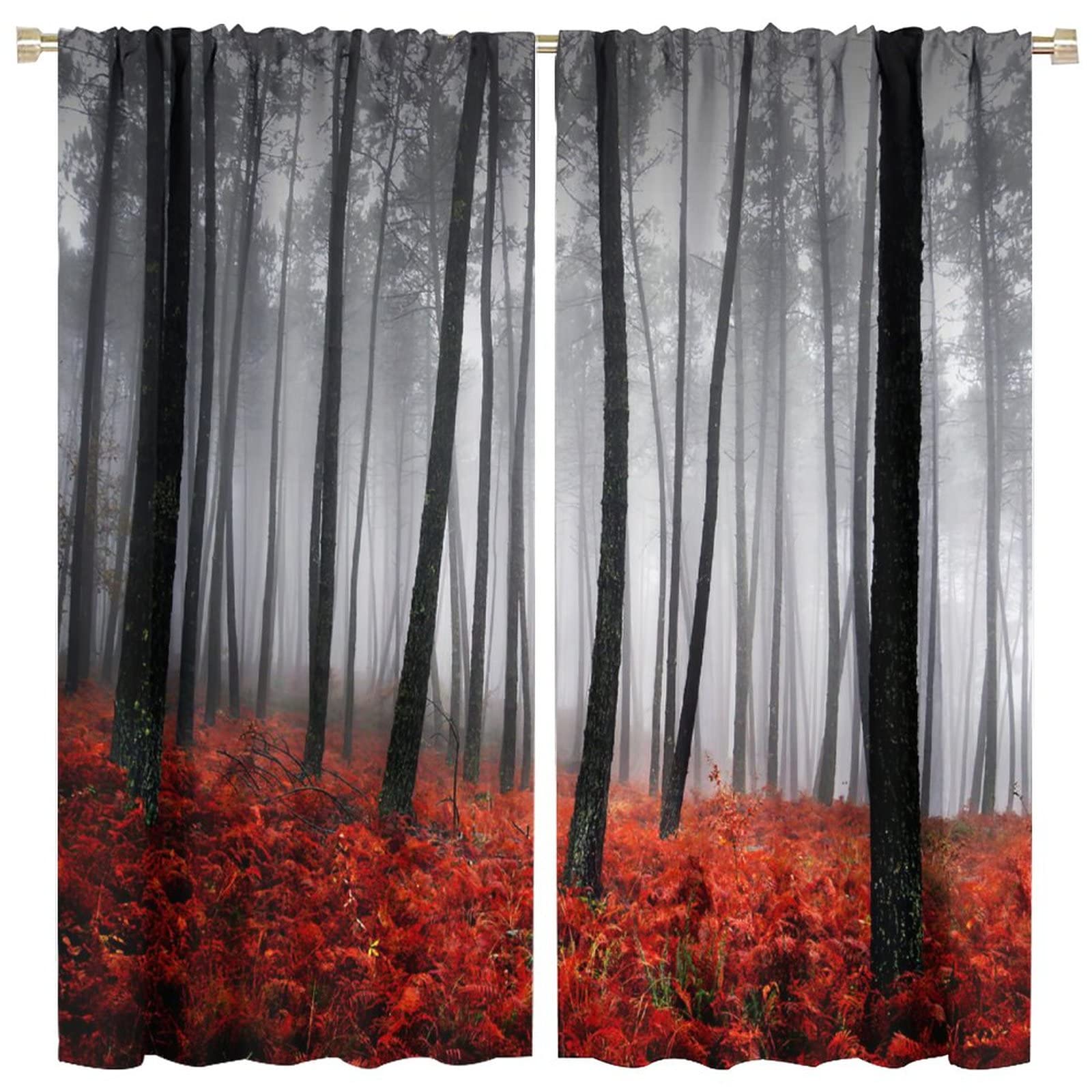 JESTRONRY Forest Window Curtain,Red Fantasy Misty Forest Trees Jungle Bushes Blackout Rod Pocket Window Drapes 2 Panel Set for Living Room Bedroom Kitchen Bathroom Decor W52xL84in