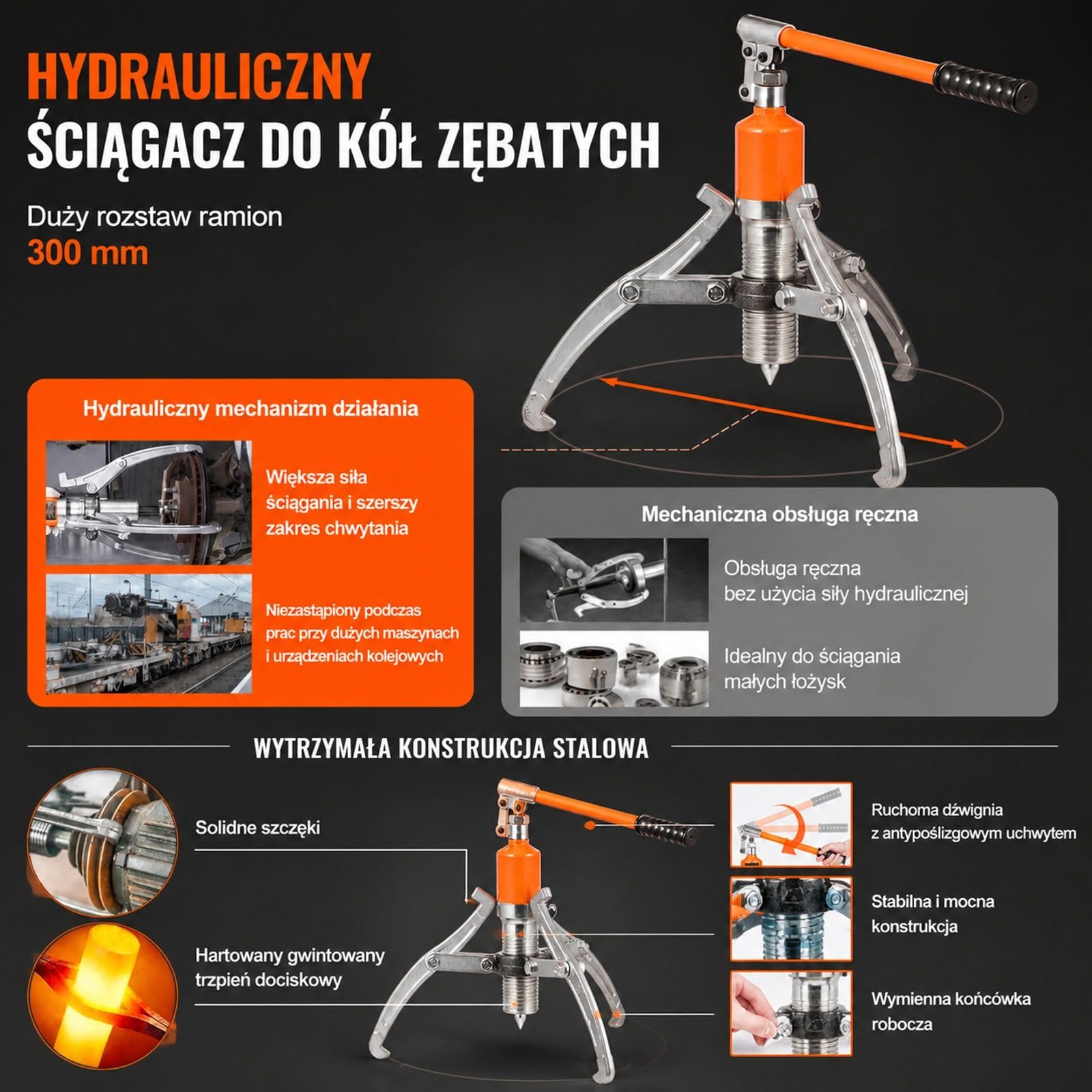 Hydrauliczny ściągacz do łożysk i kół zębatych, układ dwu- lub trójramienny, do pracy wewnętrznej i zewnętrznej, z walizką