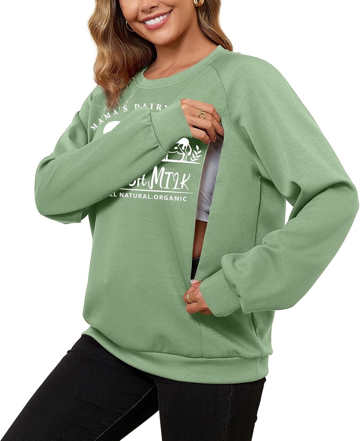 DEBELLY Nursing Friendly Sweatshirt for Breastfeeding Women Dual Zippers Nursing Top Long Sleeve Crew Neck Casual Wear - Image 2