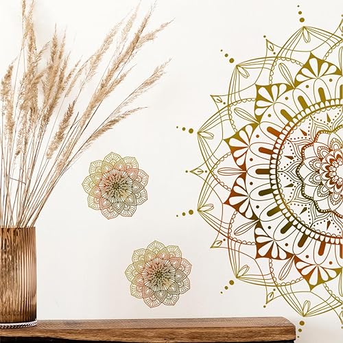 Miniatura 5 de 3 calcomanías de pared de mandala bohemia, tamaño grande, diseño de mandala y flores, flores bohemias doradas, creativas, autoadhesivas, para