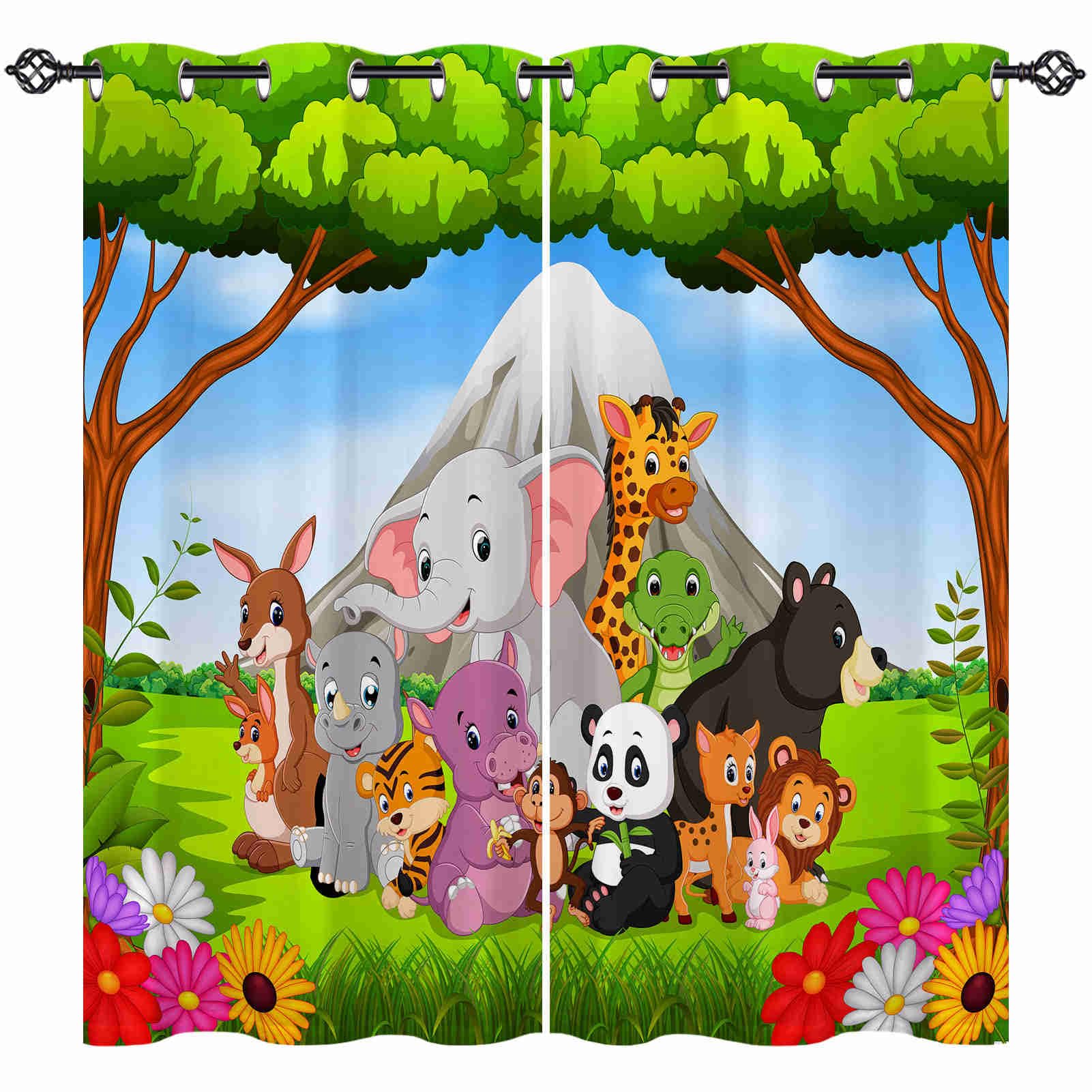 ANHOPE Jungle Animal Curtains Eyelet Ring Top Soft Thermal Insulated Blackout Curtains Safari Elephant Lion Print Pattern Decorative Window Drapes for Kids Bedroom Living Room 52 x 63 Inch 2 Panels