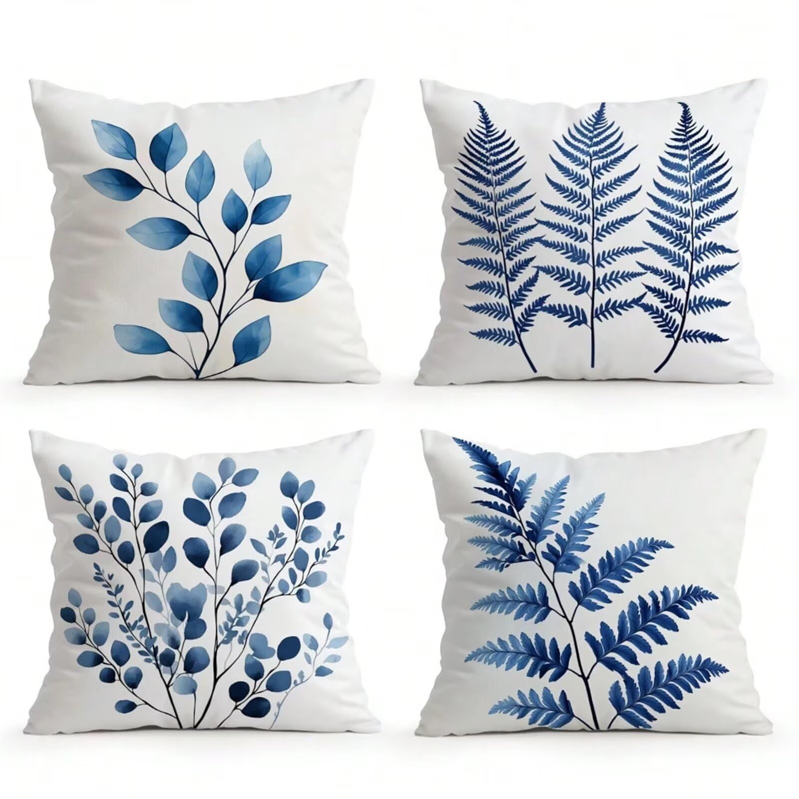 Heaen Outdoor Cushions Covers Waterproof 55x55 cm Set of 4 Square Linen Pillow Cases Blue Leaves Decorative Dushions for Sofa Porch Patio Home Decor