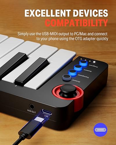 Miniatura 4 de Donner Mini Teclado MIDI, N-25 Controlador MIDI de 25 Teclas para Principiantes con Mini Teclas Sensibles a la Velocidad, Interruptor de Iluminación