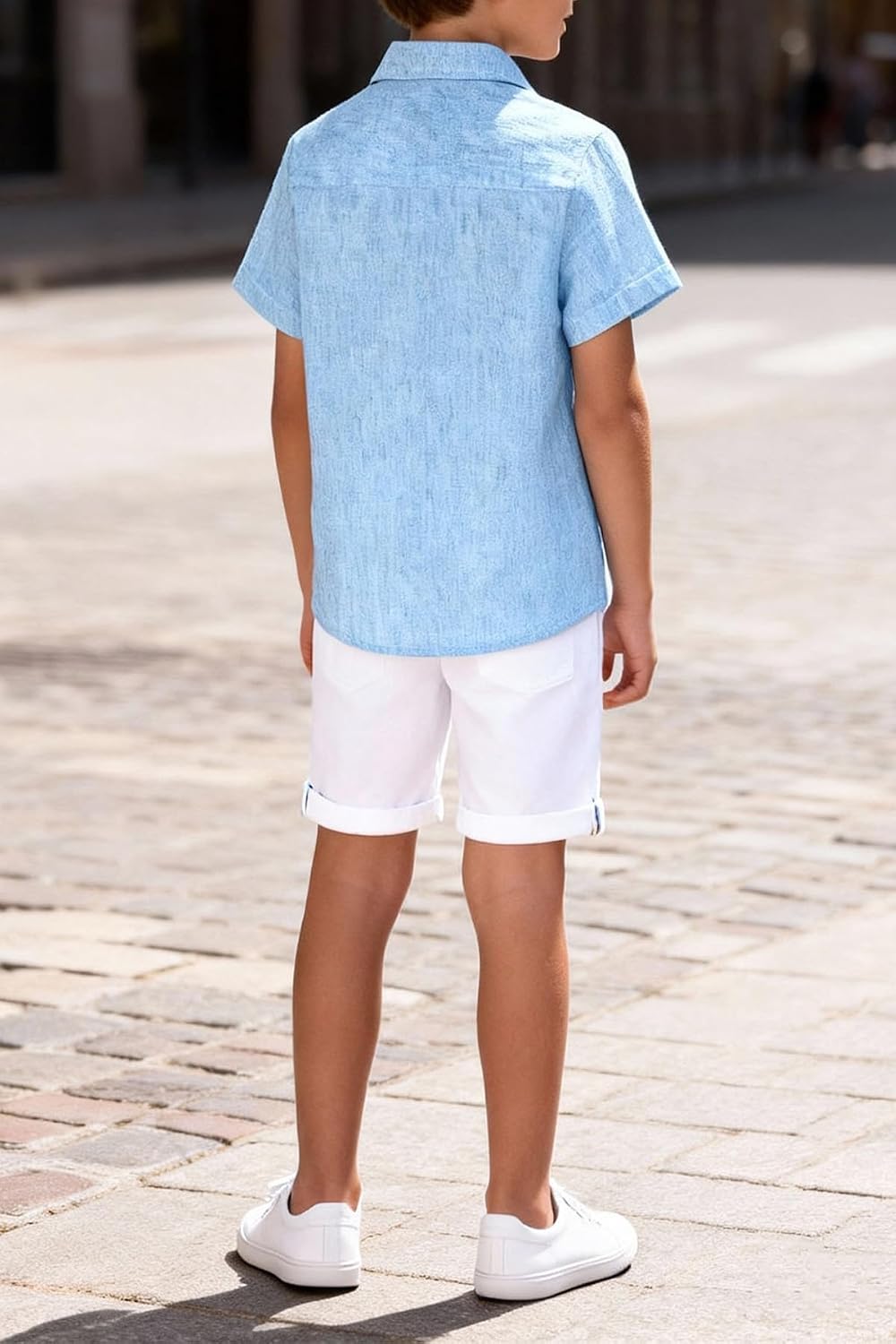 Boy Button Down Chambray Shirts Short Sleeve Linen Shirt 5-14 Year
