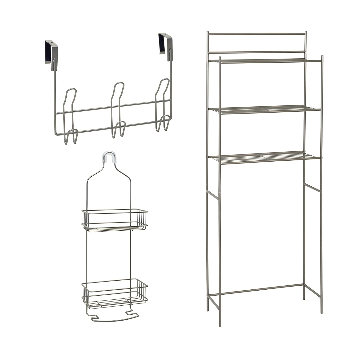 Zenna Home BB78NN 3-Piece Bath-in-a-Box Bath Storage Suite Spacesaver Shower Caddy and Over-the-Door Hooks in Satin Nickel