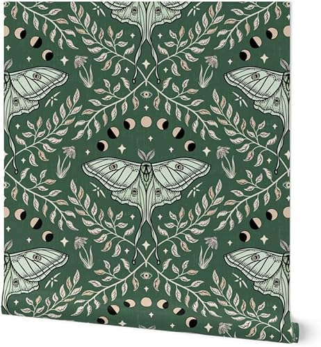 Spoonflower Papel tapiz autoadhesivo de 12 x 2 pies  Polillas Damasco Luna Verde Oliva Hojas Grandes Celestial Papel tapiz extraíble personalizado