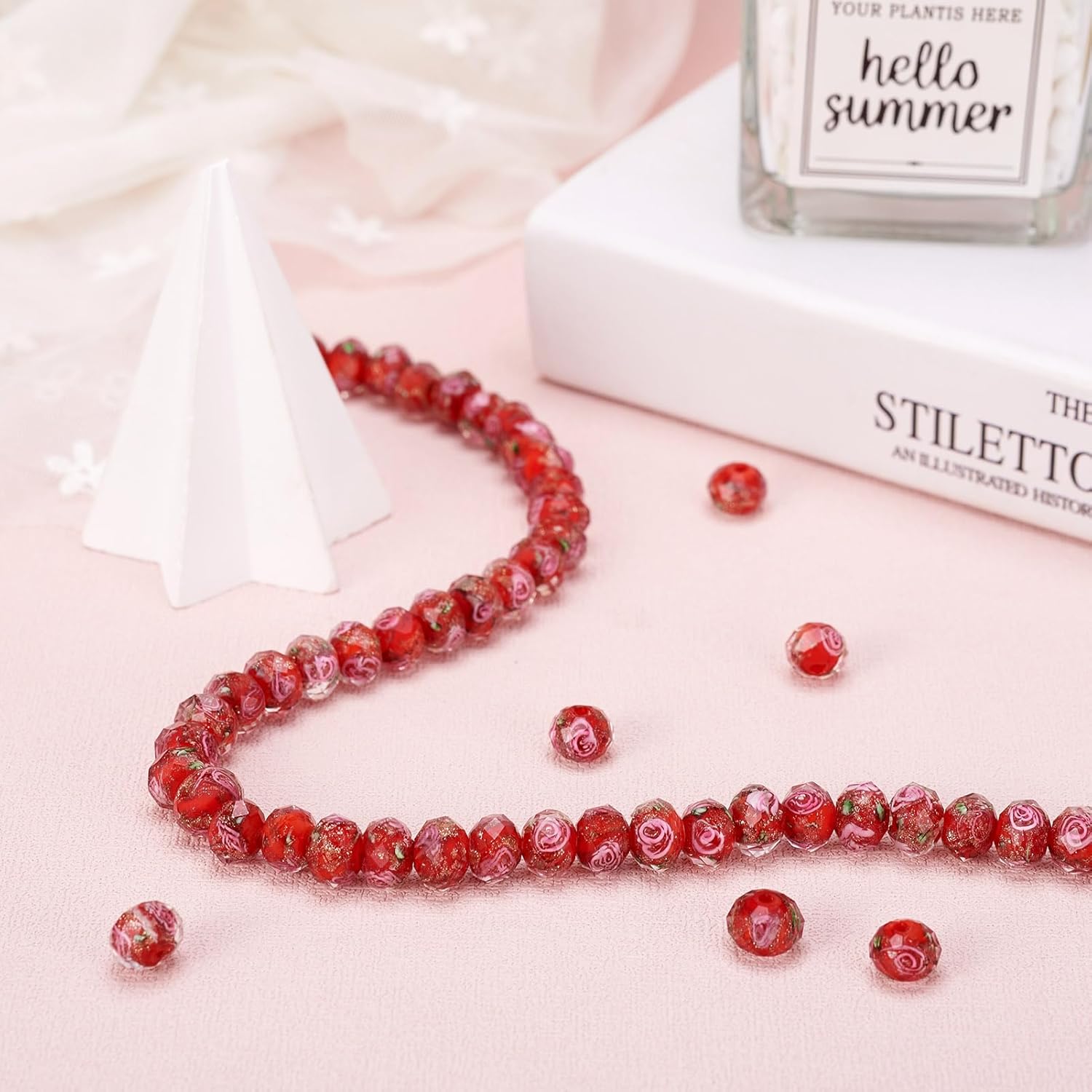 Craftdady 60Pcs Gold Sand Lampwork Glass Beads Faceted Rondelle Craft Spacer Beads Polished Handmade Floral Pattern Loose Beads for Jewelry Necklace Earring Bracelet, Red - Image 5