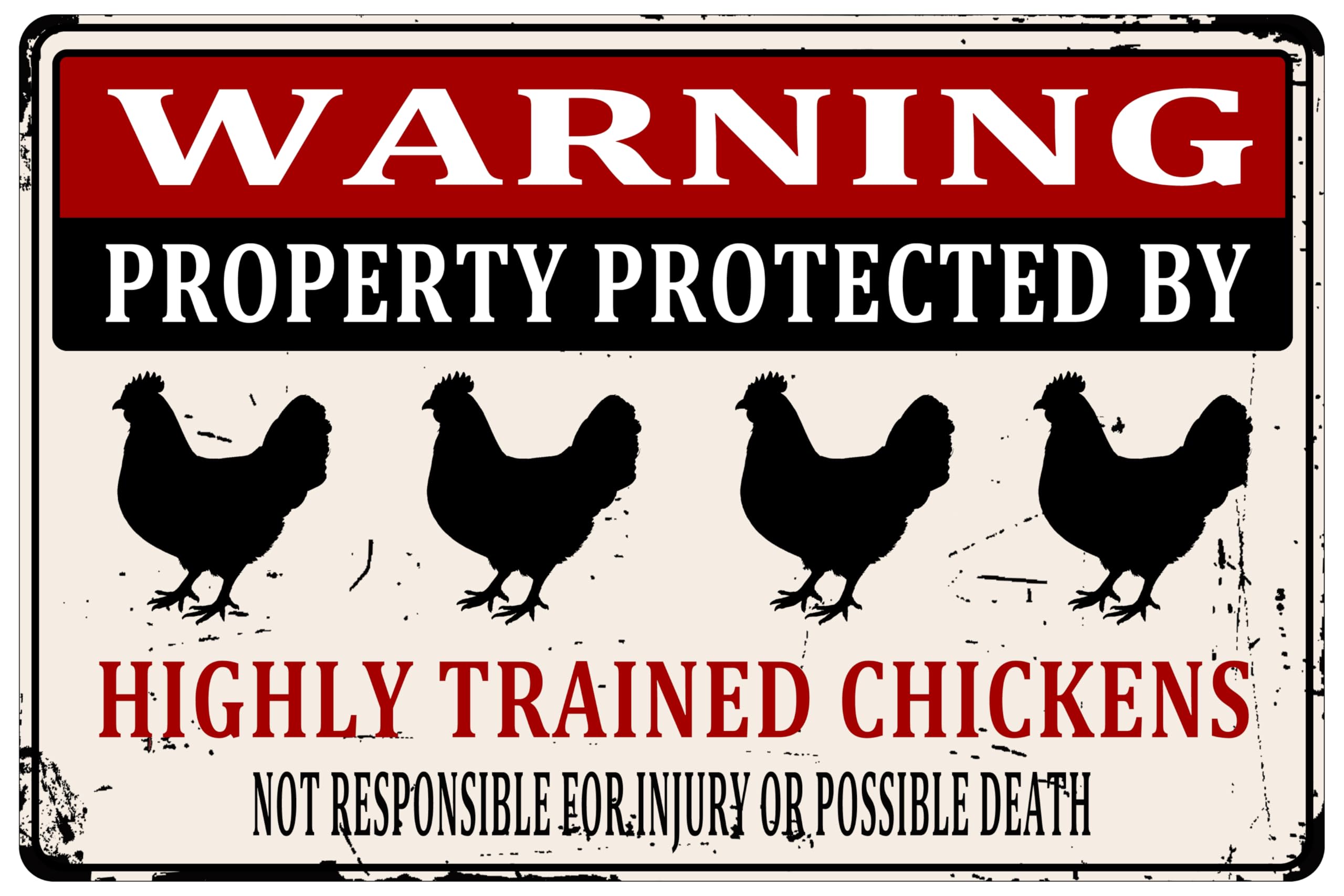 Warning Chicken Tin Sign Funny Farm Wall Decor Property Protected By Highly Trained Chickens Metal Signs For Farmhouse Gardening Backyard Patio Outdoor 8×12 Inch