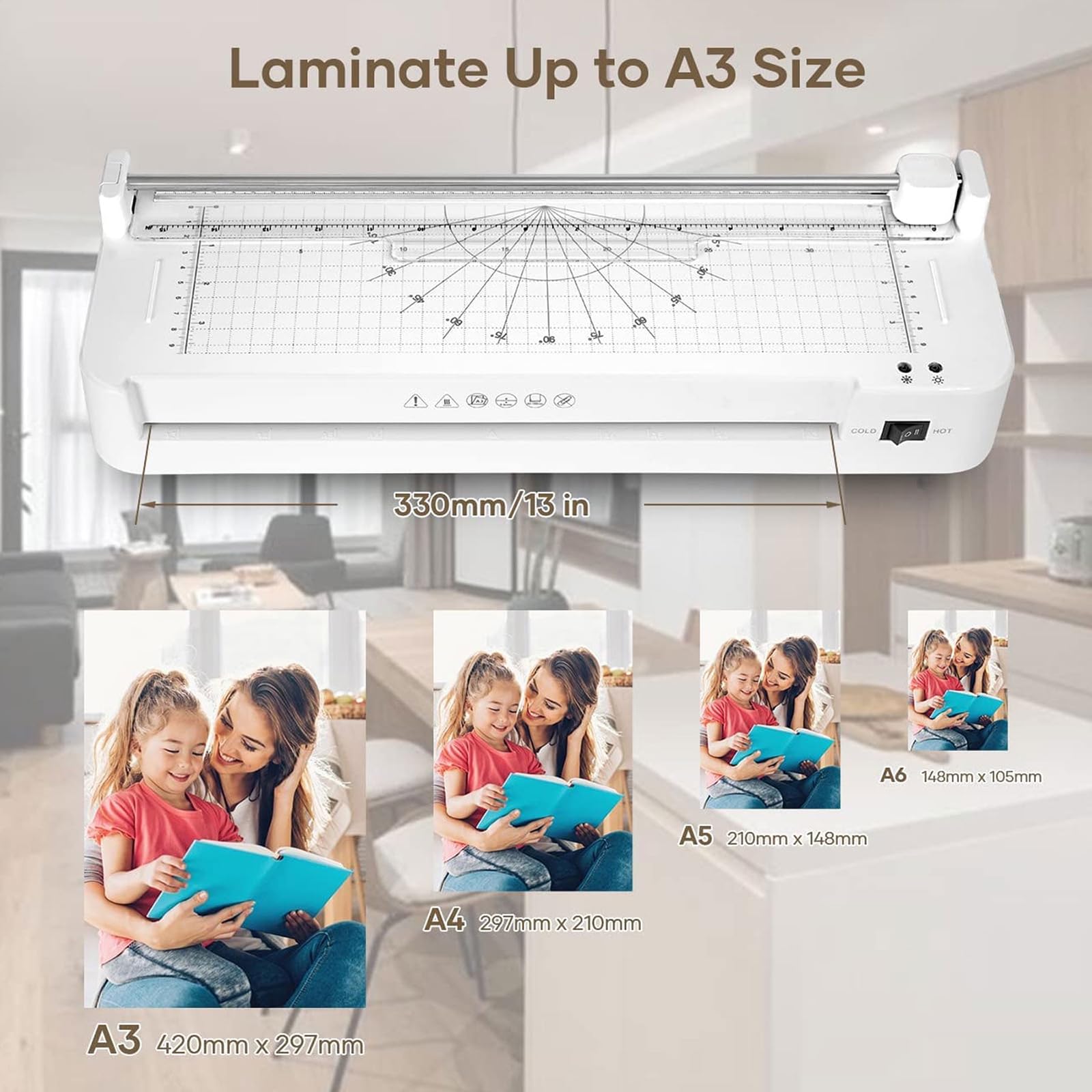 Laminator A3, 13-calowy laminator termiczny do papieru z 40 foliami do laminowania termicznego do formatu A3 A4 A5 A6, przycinarka do papieru, laminator na gorąco i na zimno dla biuro