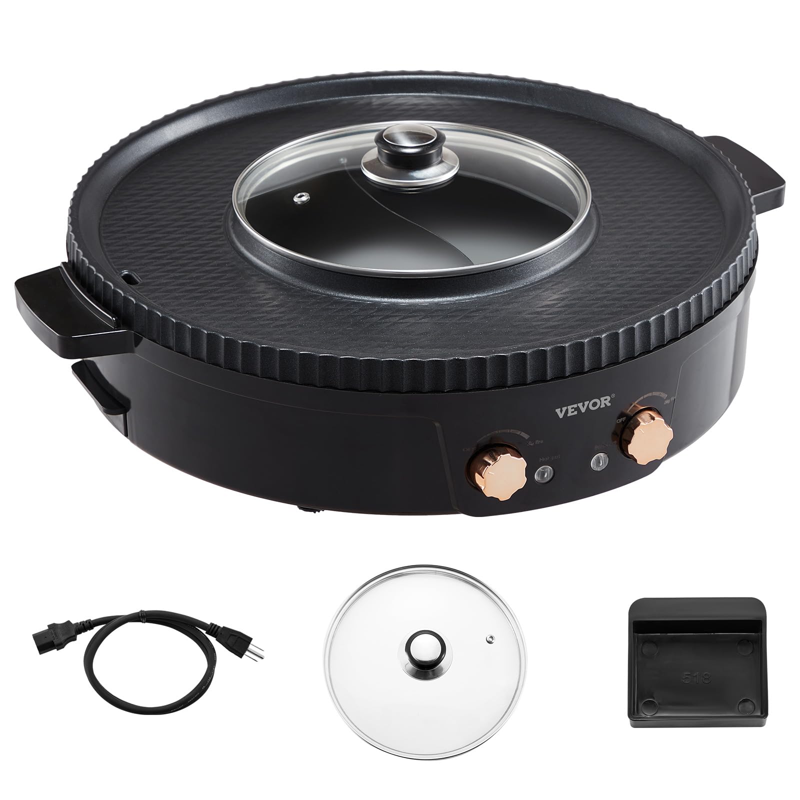 VEVOR Appareil à Fondue Chinoise avec Gril 2-en-1, Hot Pot Électrique 1800 W, Fondue Électrique avec Double Contrôle de Température Séparé, Poêle Antiadhésive, pour Barbecue Coréen Shabu Shabu Hotpot