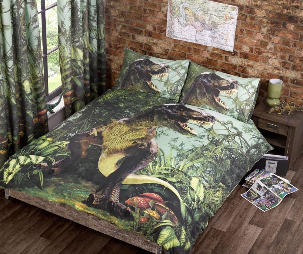 Hallways Jurassic Dinosaur T-Rex Lime Green Brown Jungle Double Bed Size Duvet Cover