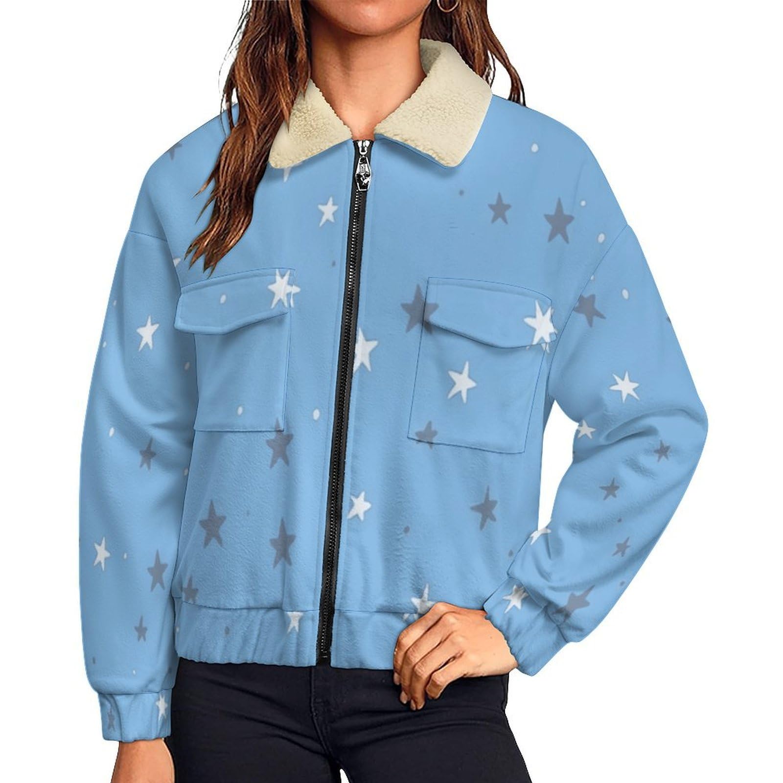 Donna Pile Stampa Carino e sognante Caldo con Cerniera, Giacca da Camera Invernale Corta Pile Giacche, Piccola Stella Cappotto In Peluche Sherpa Giubbotto Fleece Comoda