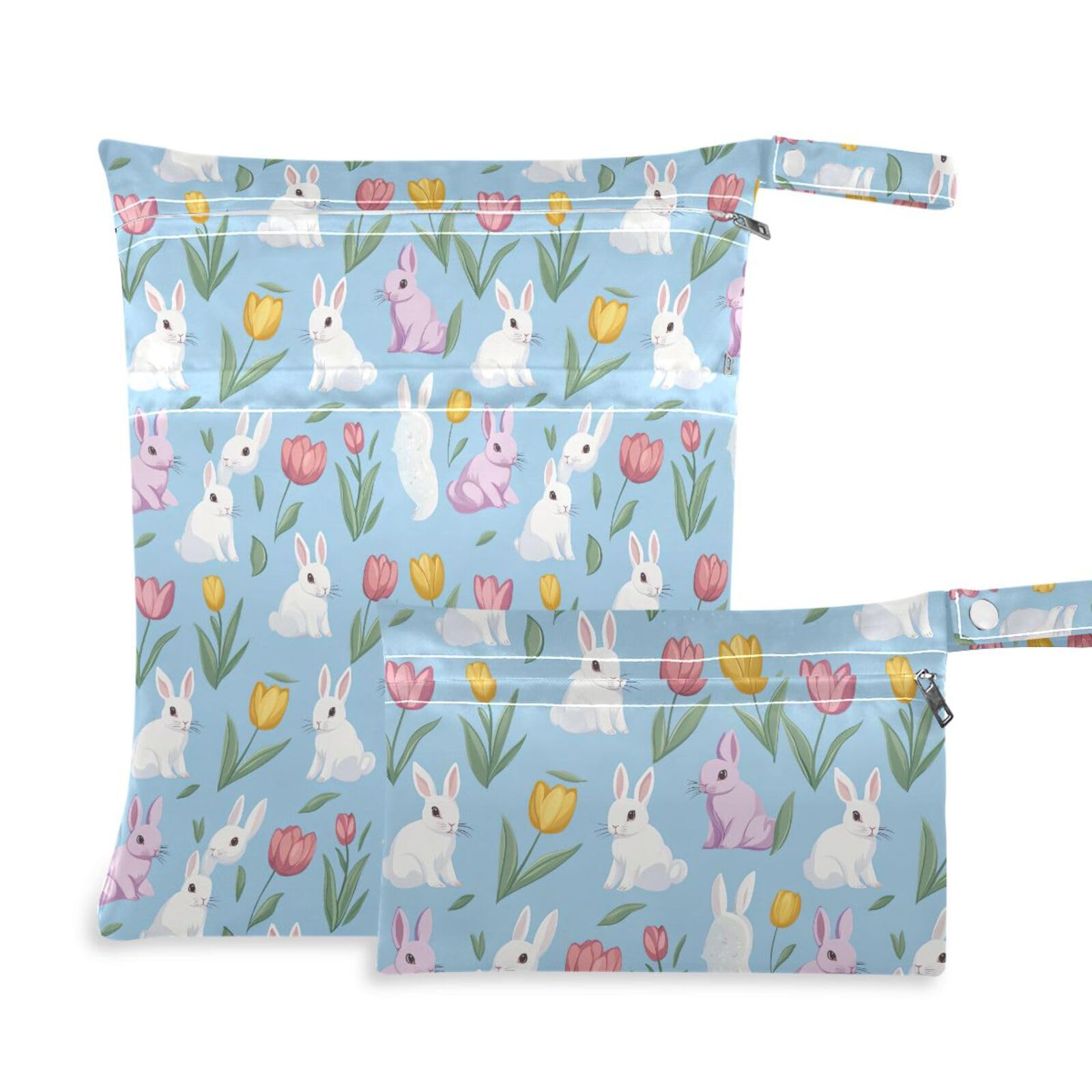 Coikll Wet Dry Bags for Cloth Diaper 2 Pack Waterproof Yoga Gym Bag for Swimsuit Wet Clothes Baby Items-?Tulips Bunnies?