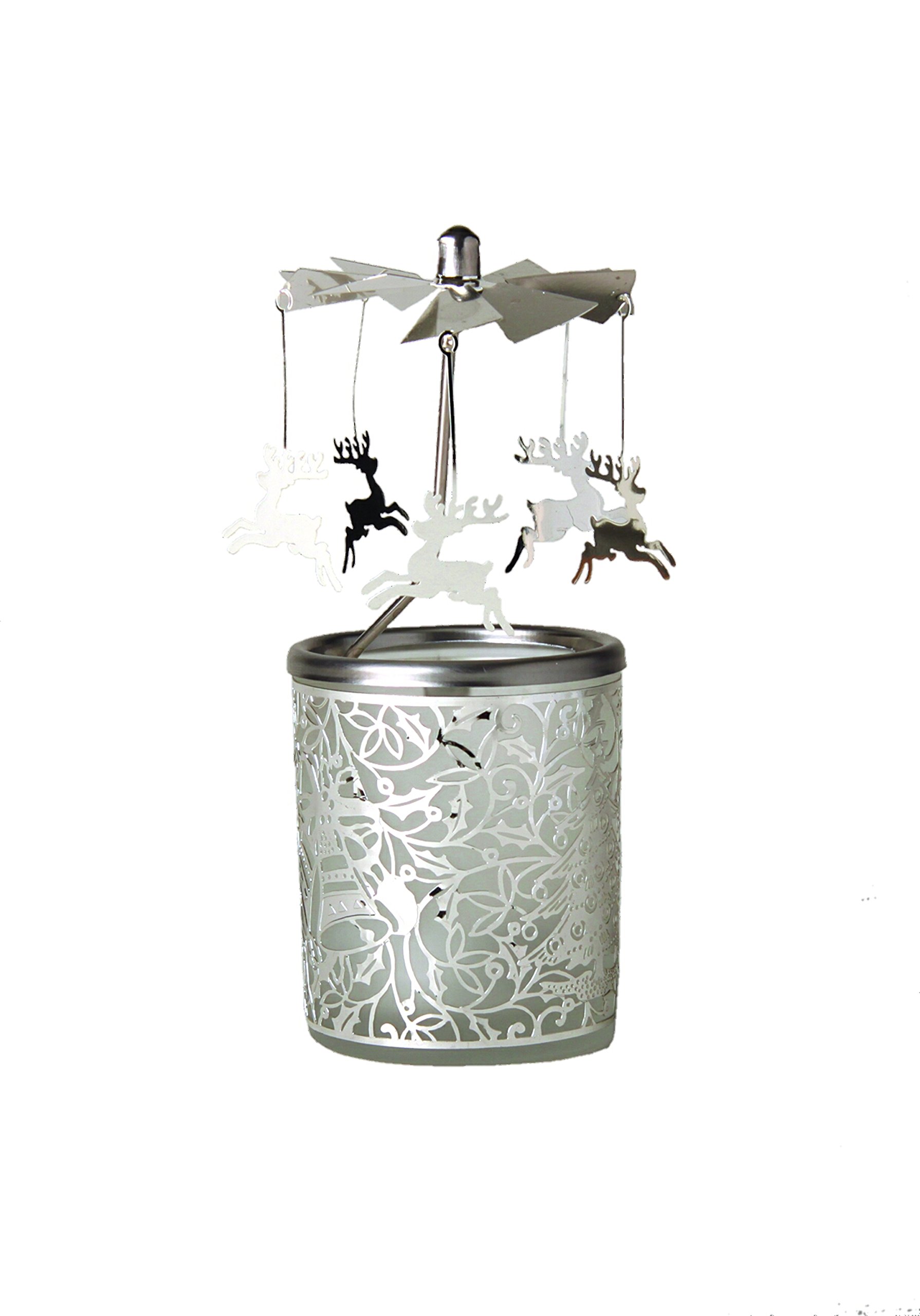 Reindeer Rotary Carousel for Tealights, Metal and Glass, 16.5cm high, Silver, 6x6x16.5 cm