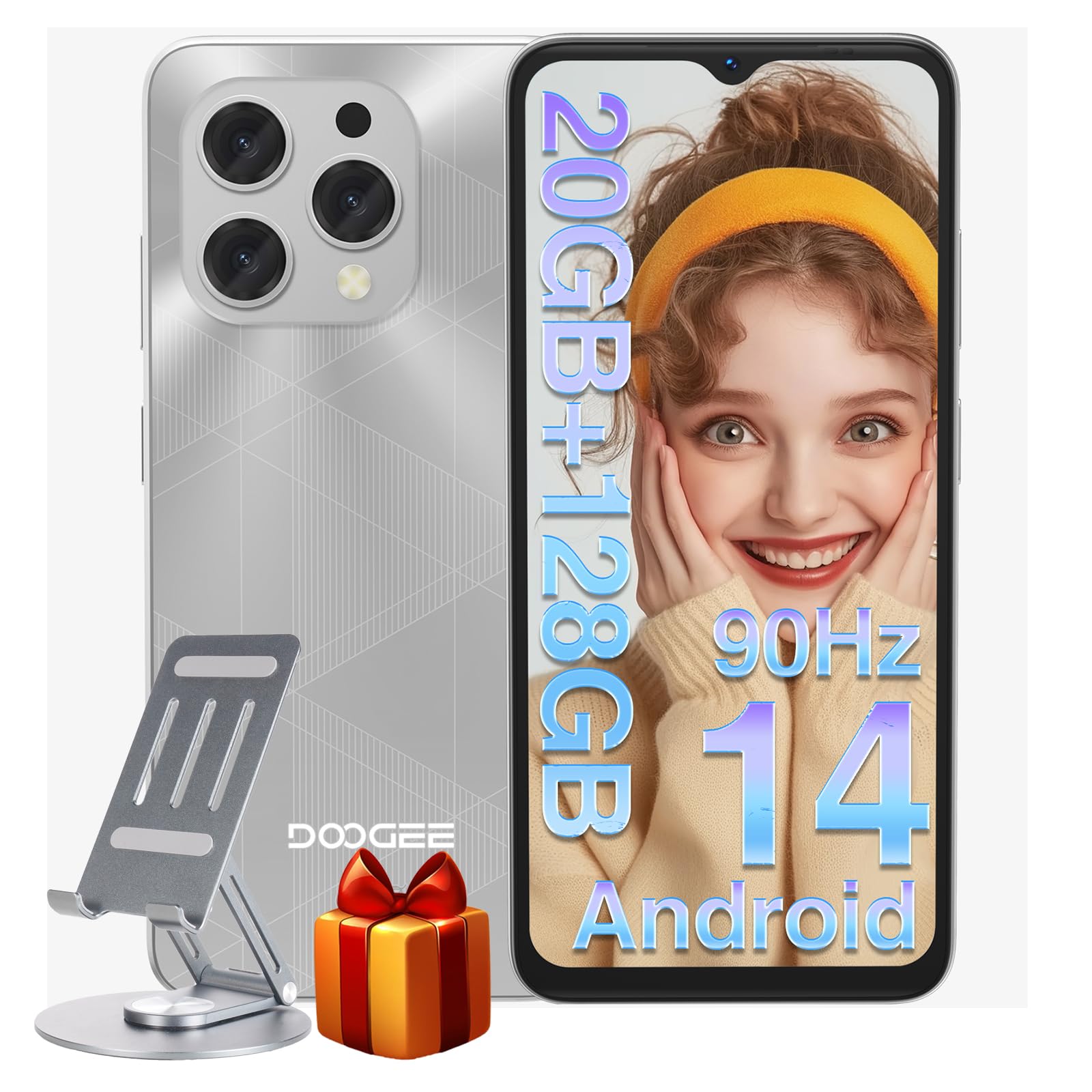 N55PLUS Unlocked Cell Phone, 20GB RAM+128GB ROM/1TB Android Phone, 90Hz 6.56" HD+ Smartphone, 5150mAh, Dual SIM 4G/Octa-Core 12nm/Widevine L1/ Face Unlock/OTG/ATT/T-Mobile, Sliver