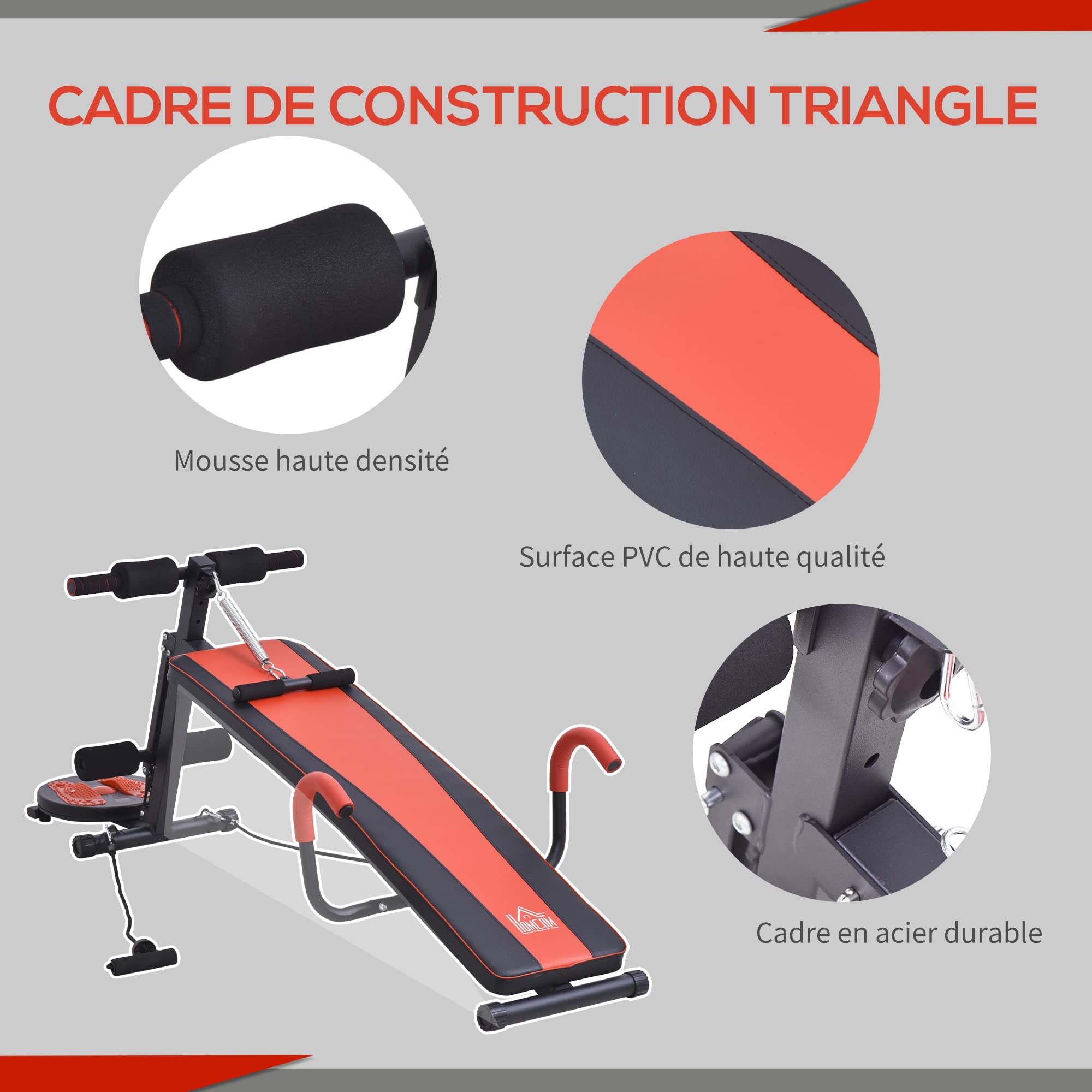 HOMCOM Banc de musculation banc pliable de fitness avec oreiller multifonction sit-up entraînement abdominaux bras dossier hauteur réglable à 3 niveaux acier 53 x 166 x 52-60 cm noir rouge