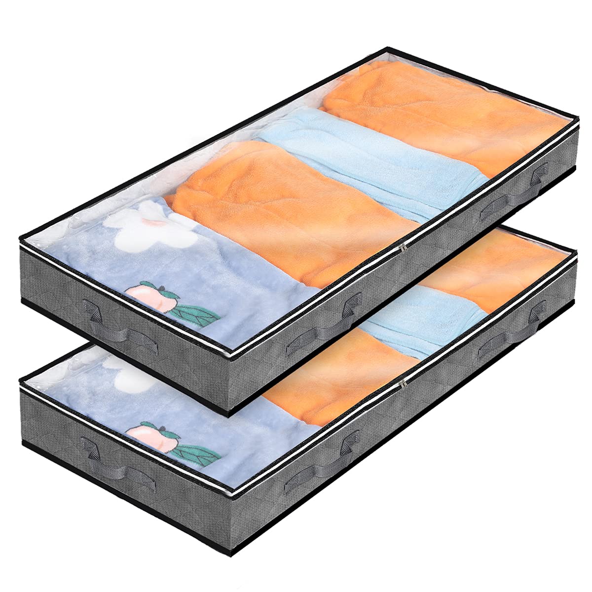 Magicfour 2 Pack Under Bed Storage, Clothes Storage Foldable Blanket Storage with 4 Handles and Clear Window Double Zipper Underbed Storage Containers for Bedroom, Grey