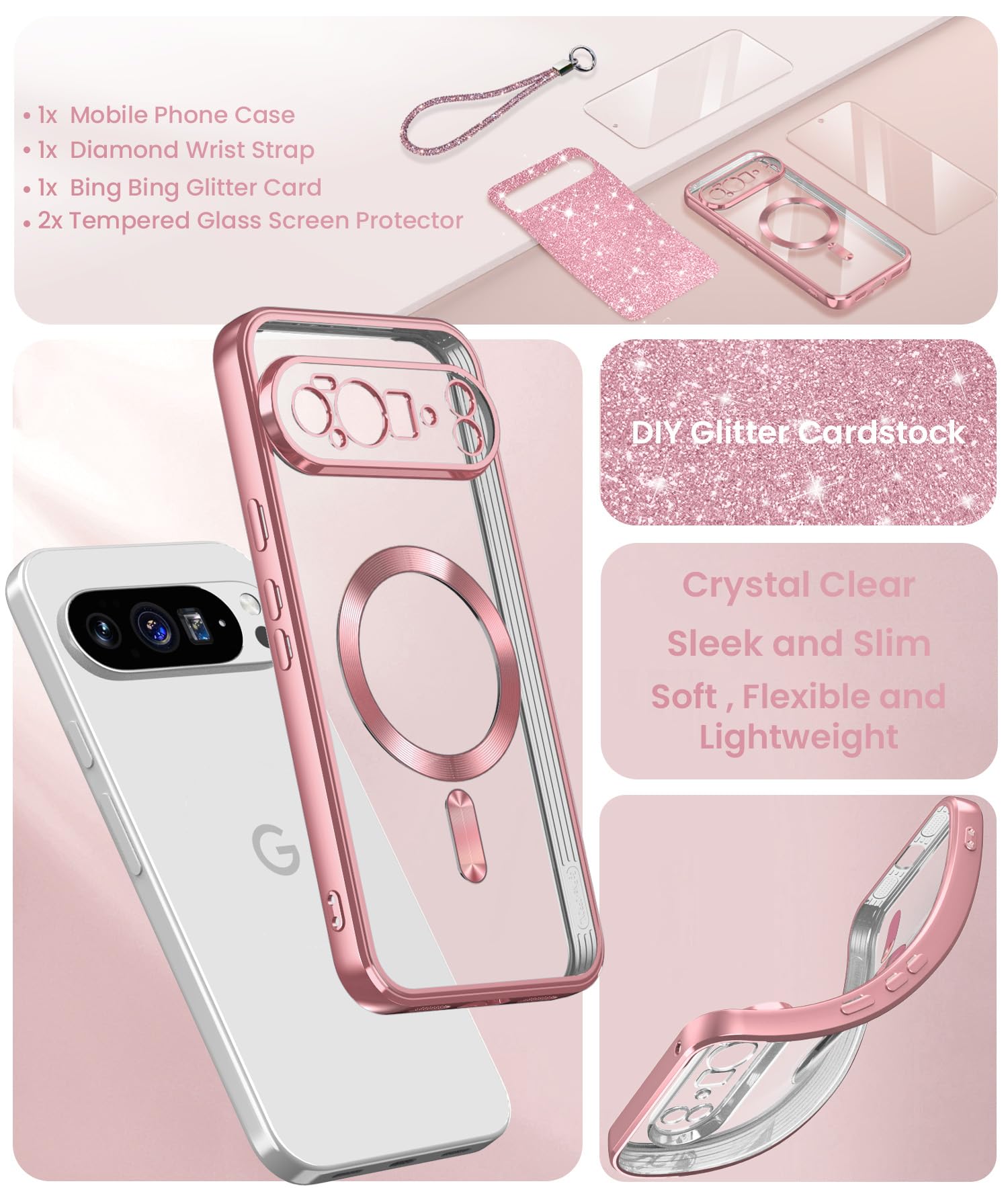 Magnetic for Google Pixel 10 Pro XL Case + 2X Screen Protectors,Luxury Plated Gold Edge [Glitter Card&Wrist Strap] Slim Soft Crystal Clear TPU Shockproof Case Cover for Pixel 10 Pro XL-Pink