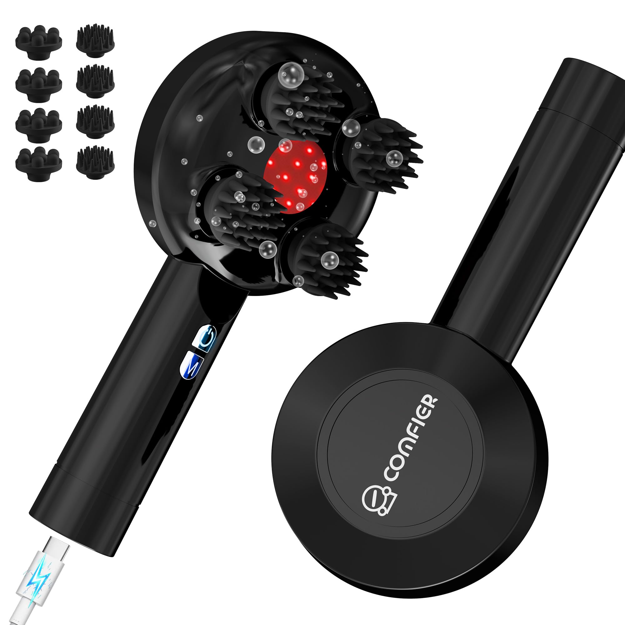 COMFIER Handheld Kabelloses Kopfmassagegerät, Elektrisches Kopfhaut-Massagegerät mit 3 Modi, 8 Silikonköpfen, IPX7 wasserdicht, zur Haarwachstumsförderung & Entspannung, Schwarz