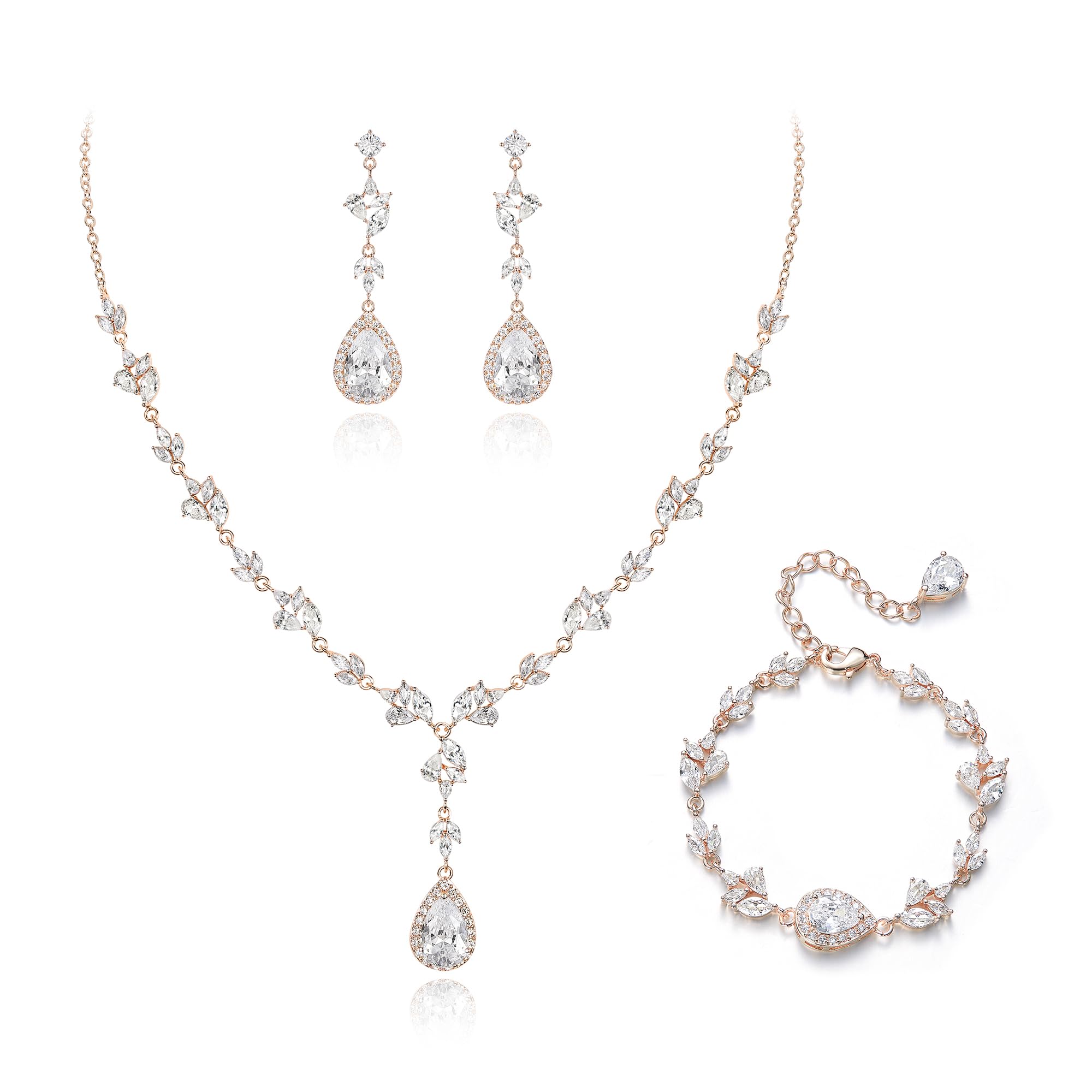 Crysdue Teardrop Bridal Jewelry Set for Wedding Party, Silver/14K/Rose Gold Plated Prom Costume Jewellery for Bride Bridesmaids Women, Cubic Zirconia