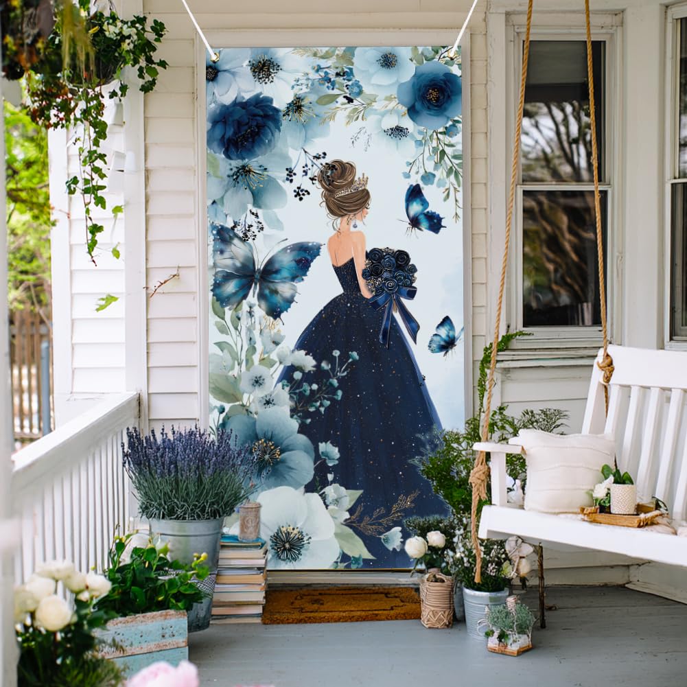 arricraft 1pc Princess Theme Polyester Door Cover, 72.83"x35.43" Princess Blue Flower Coming of Age Birthday Backdrop Banner Door Porch Sign Photography Background for Party Home Decor Accessories
