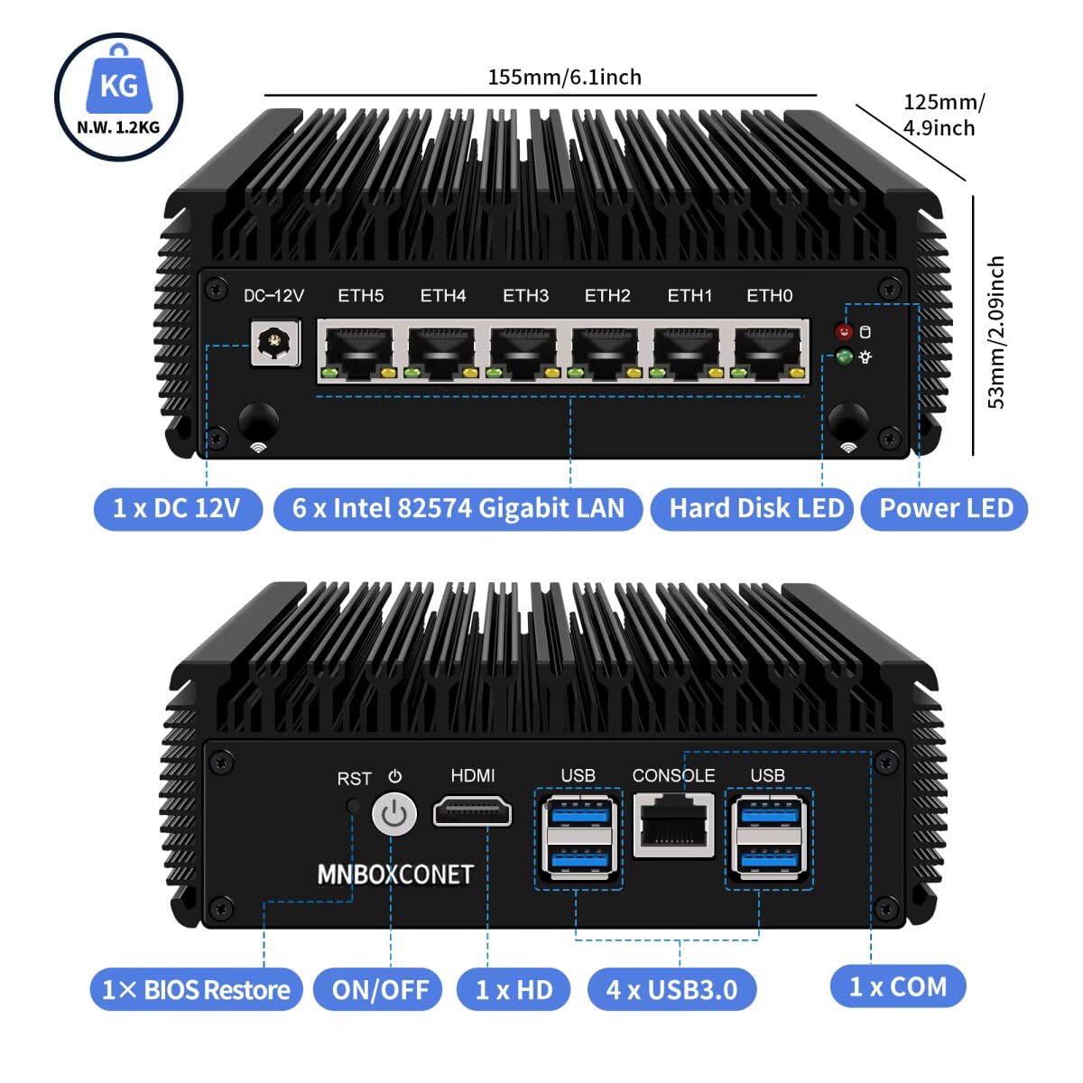 Mini PC Core i5 8250U Firewall Fanless (up to 3.4GHz), Dual DDR4 Barebone Micro Appliance Hardware Computer 6 x SPF LAN, Windows, OPNsense, COM, 4xUSB3.0, AES-NI