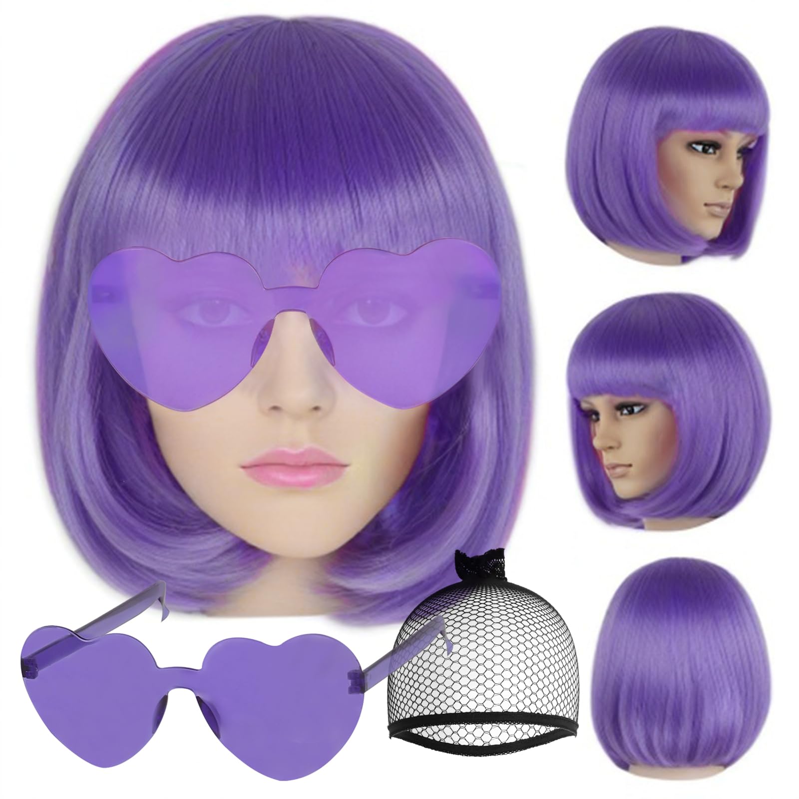 BECULINA Light Purple Bob wig+Hair Cap Lilac Purple Funny Wig with Bangs for Women Light Purpling Bob Cosplay Wigs for Cosplay Halloween Party Costume Outfit - Image 2