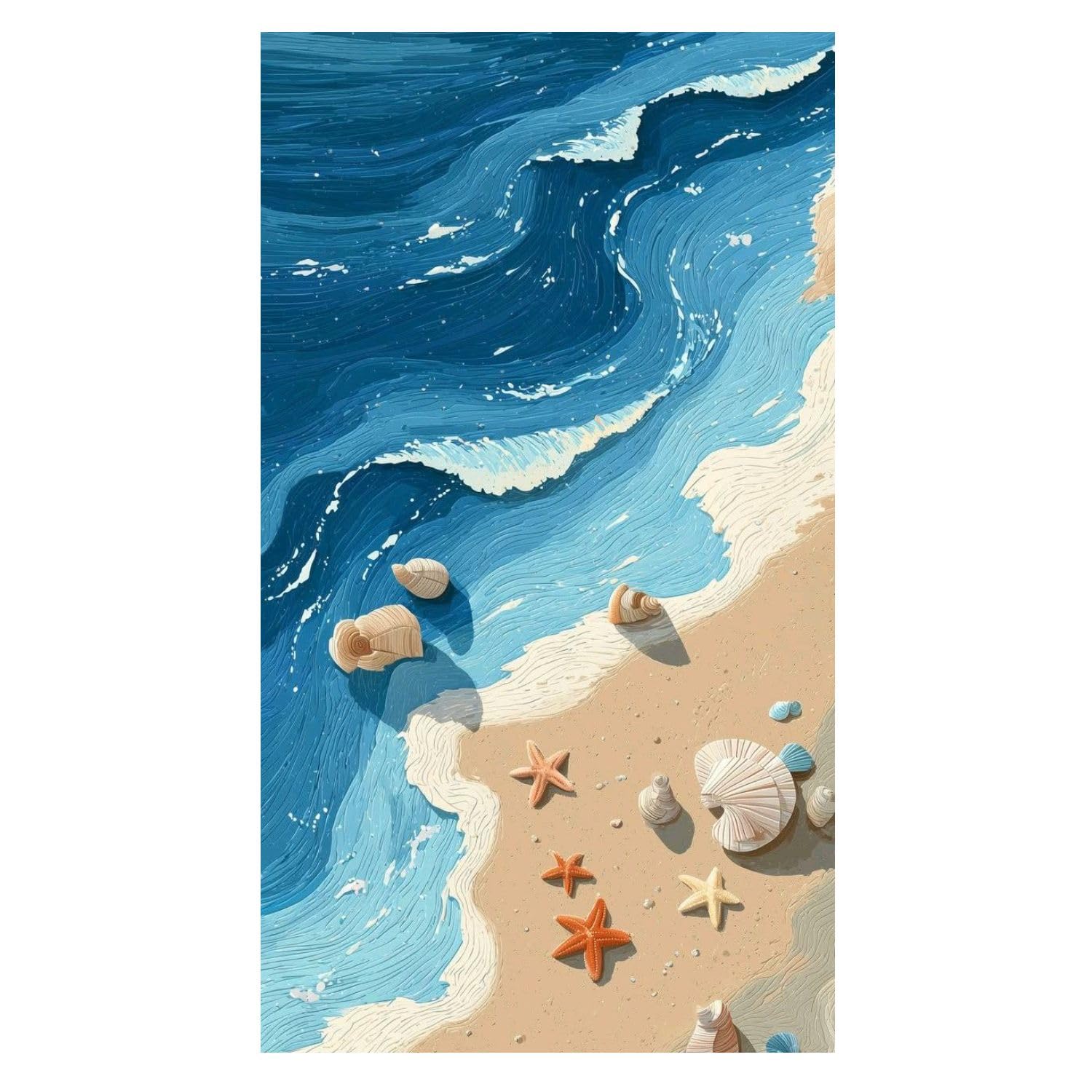 Vibrant Blue Ocean Waves Crashing on Sandy Beach with Sea Shells and Starfish 3D Effect Vinyl Sticker Poster for Wall Decor Self-Adhesive Refreshing Coastal Nature Mural Size 40x60 cm-image-4