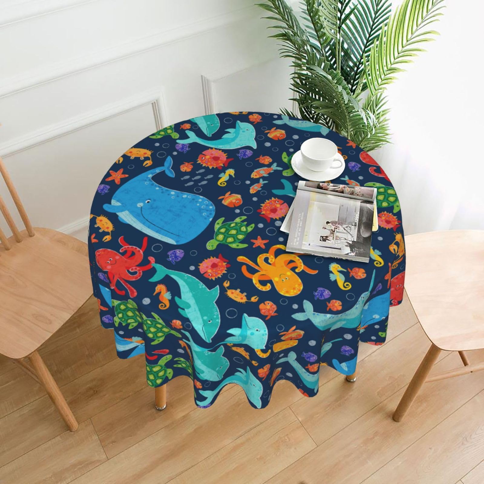 Nbtghga Ocean Whale Fish Octopus Print Tablecloth Round Border Table Cloth Cover Decorative For Party Holiday Dinning Tabletop Home
