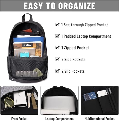 Miniatura 3 de VASCHY Mochila para hombres y mujeres, resistente al agua, mochila escolar casual para el trabajo, Negro -, Mochilas Daypack