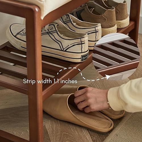 Miniatura 5 de Banco pequeño de almacenamiento de zapatos de madera maciza, banco moderno para zapatos con cojín suave, organizador de entrada y espacios pequeños