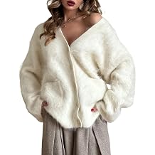 Womens Chunky Fuzzy Cardigan V Neck Slouchy Mohair Sweaters Long Sleeve Button Down Knit Furry Sweater Coat
