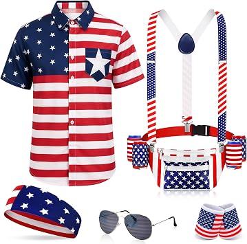 Mepase 6 Pcs American Outfit Patriotic Shirt Costume Accessories,XL | American Flag Fanny Pack Suspender Glasses Headband Wristband for Fourth of July Anniversary Memorial Independence Day