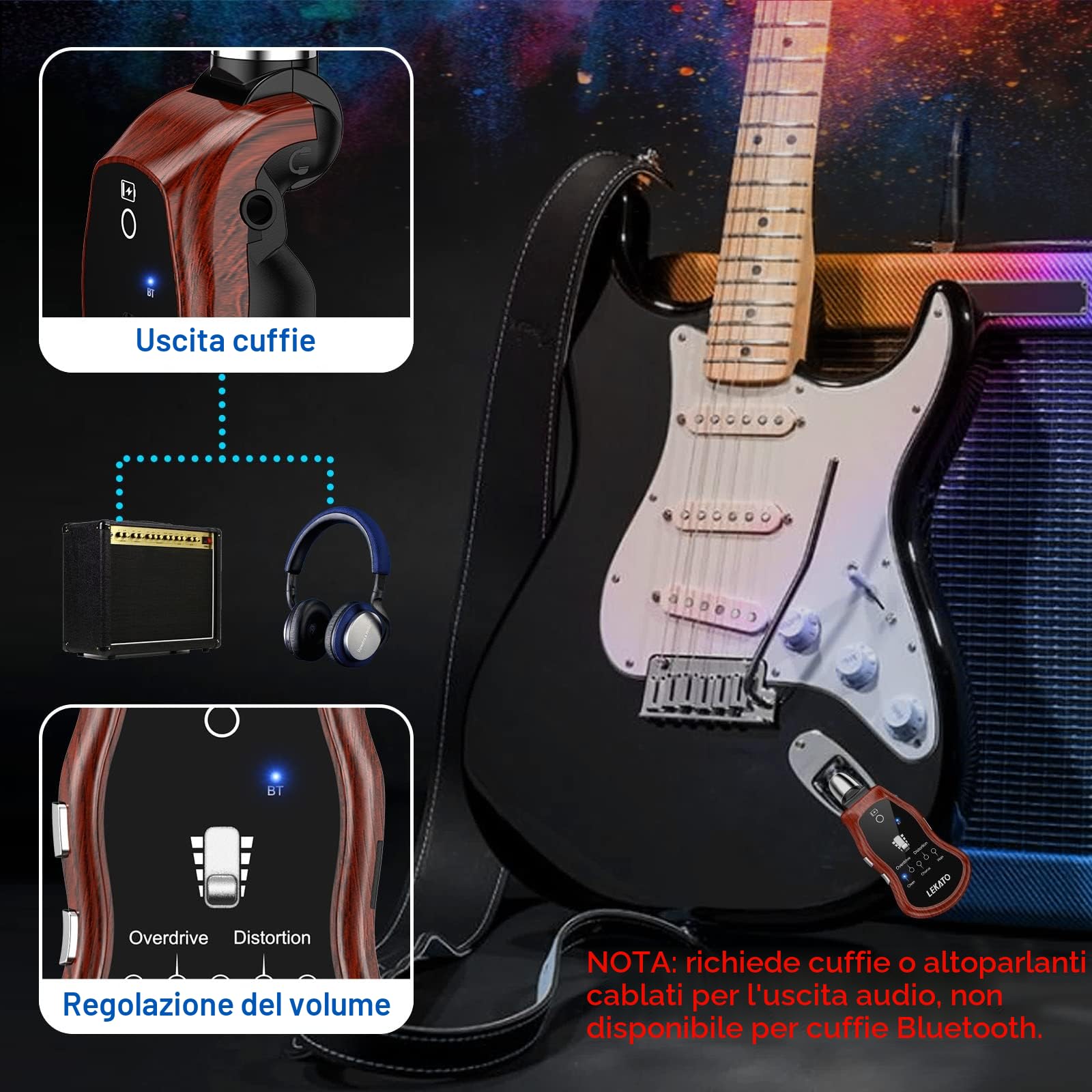 Lekato Mini amplificatore per chitarra ricaricabile Bluetooth con effetti clean chorus overdrive distorsione wah wah